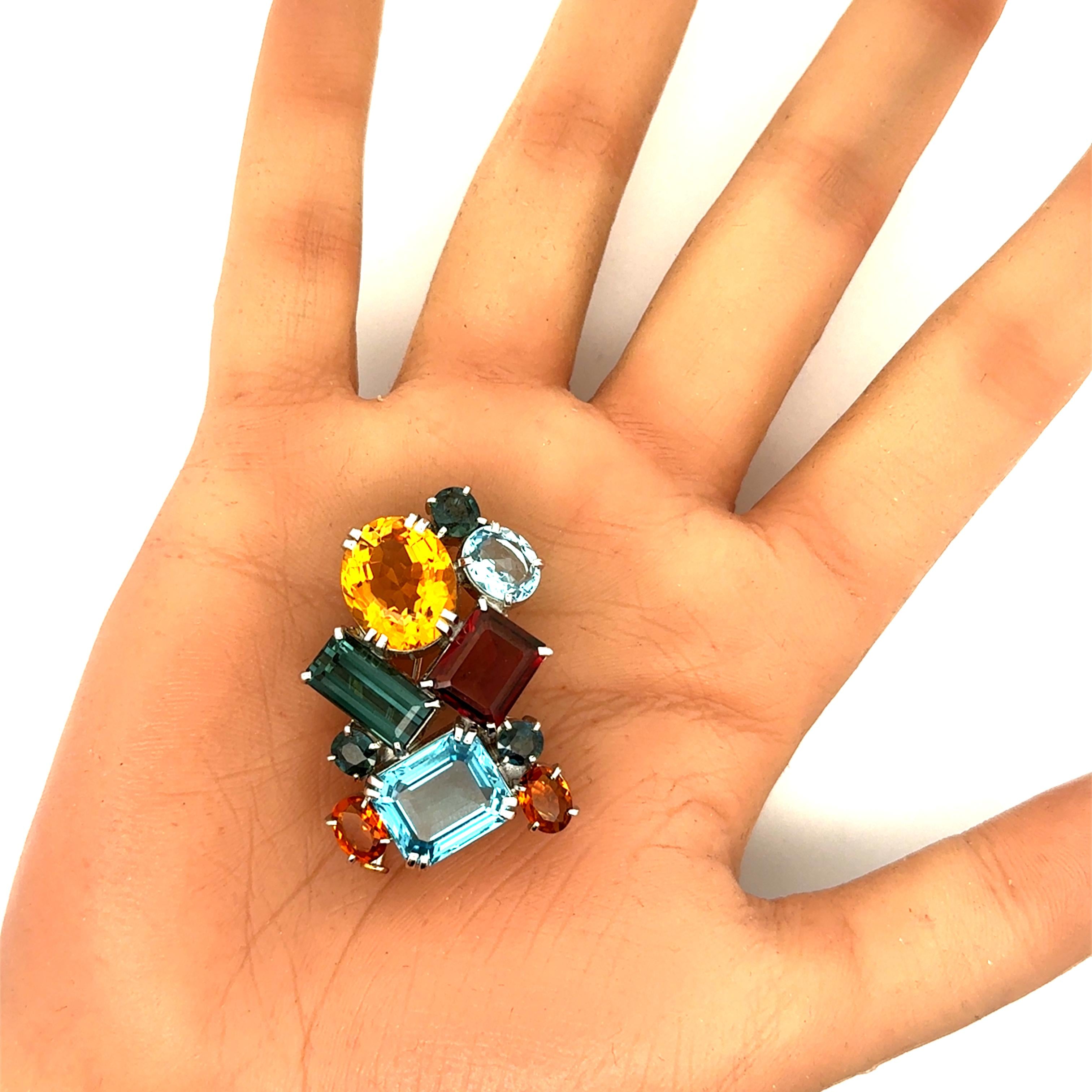 Multi-Colored Gemstone 18k White Gold Brooch Pendant