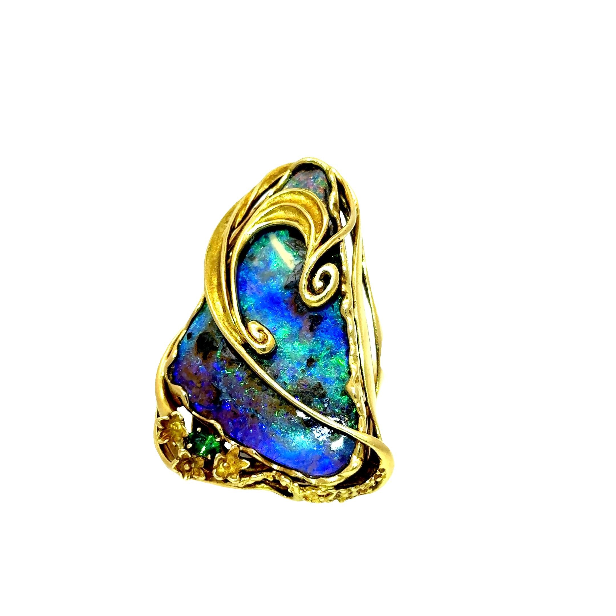 35.23 Carat Australian Boulder Opal Tsavorite 18K Yellow Gold Cocktail Ring