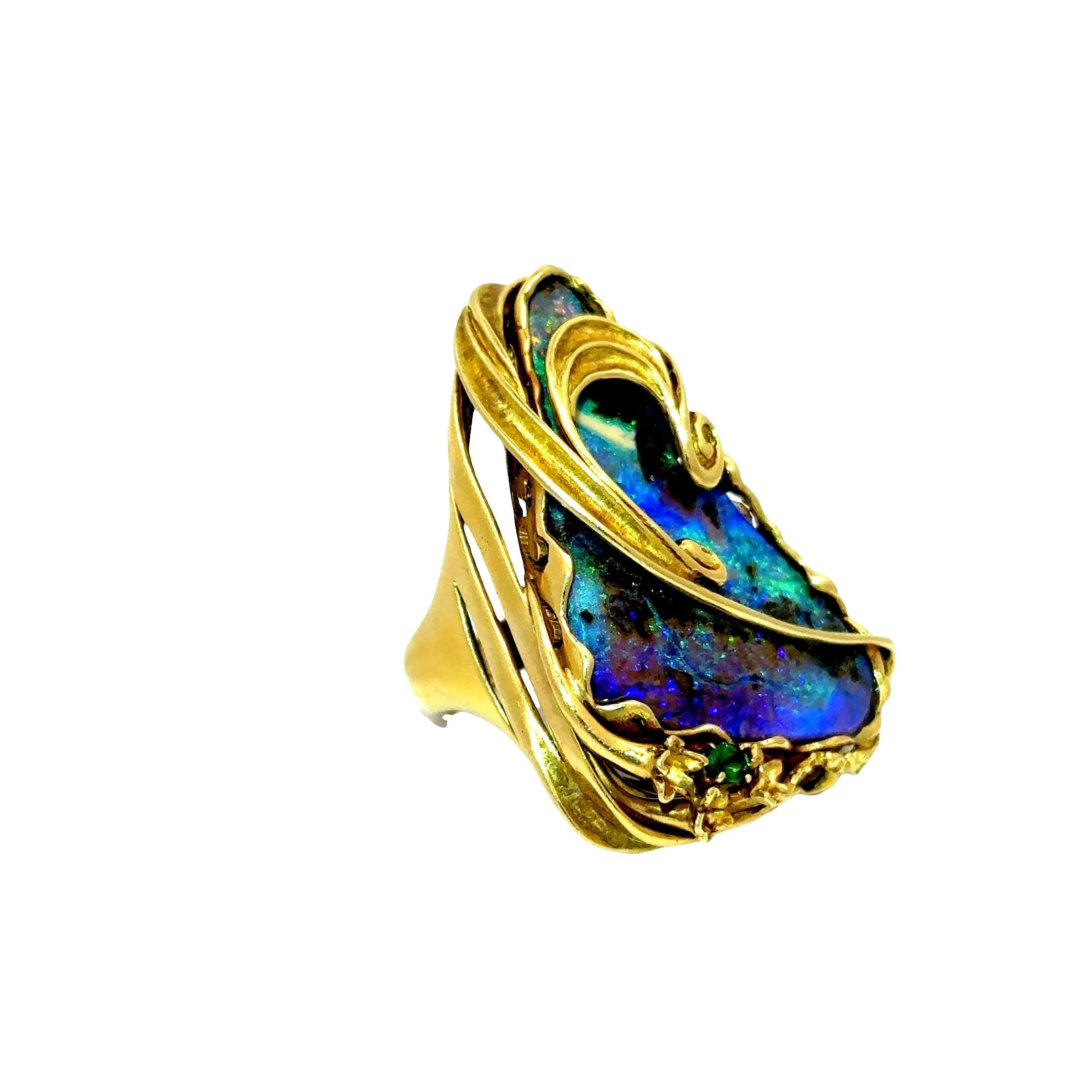 35.23 Carat Australian Boulder Opal Tsavorite 18K Yellow Gold Cocktail Ring