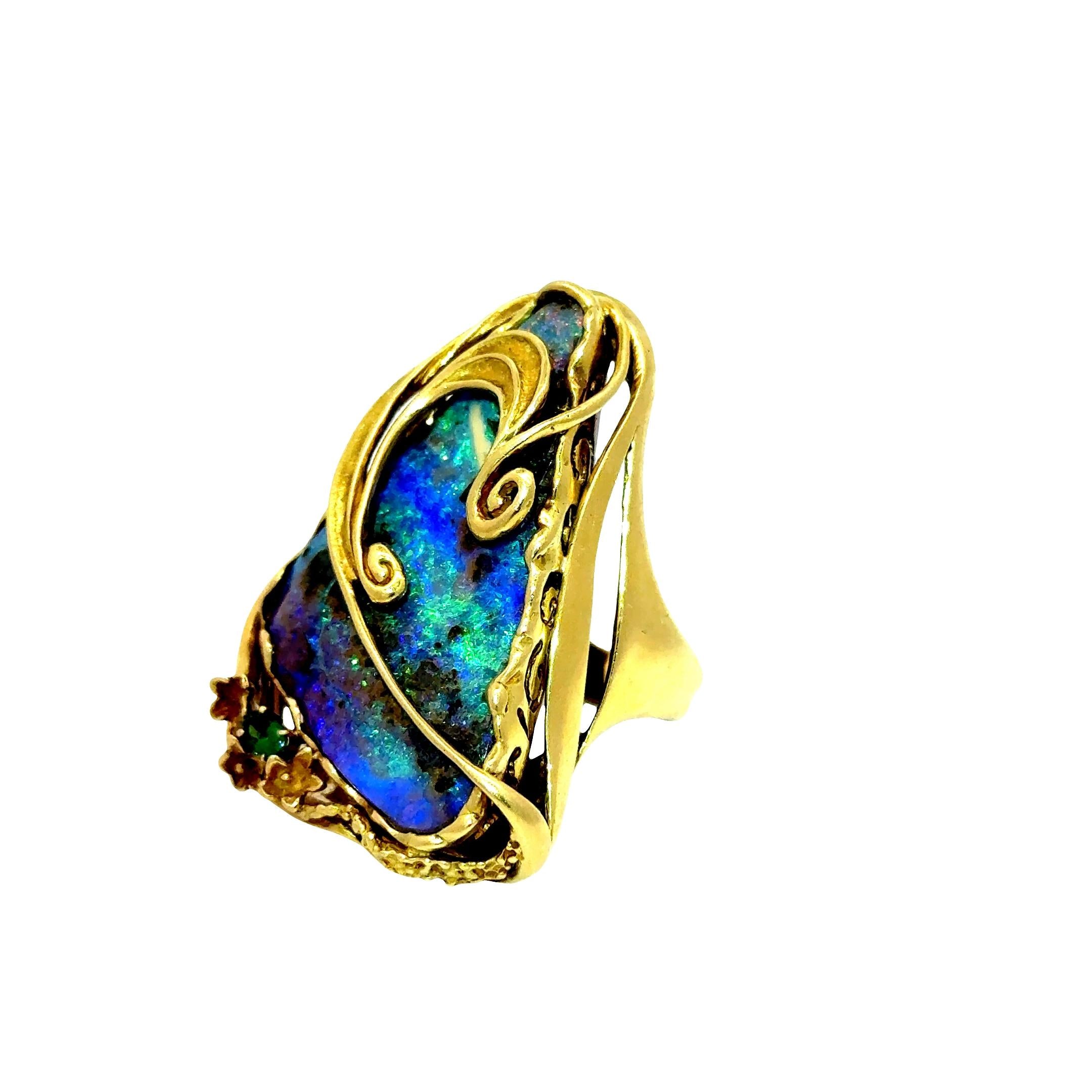 35.23 Carat Australian Boulder Opal Tsavorite 18K Yellow Gold Cocktail Ring