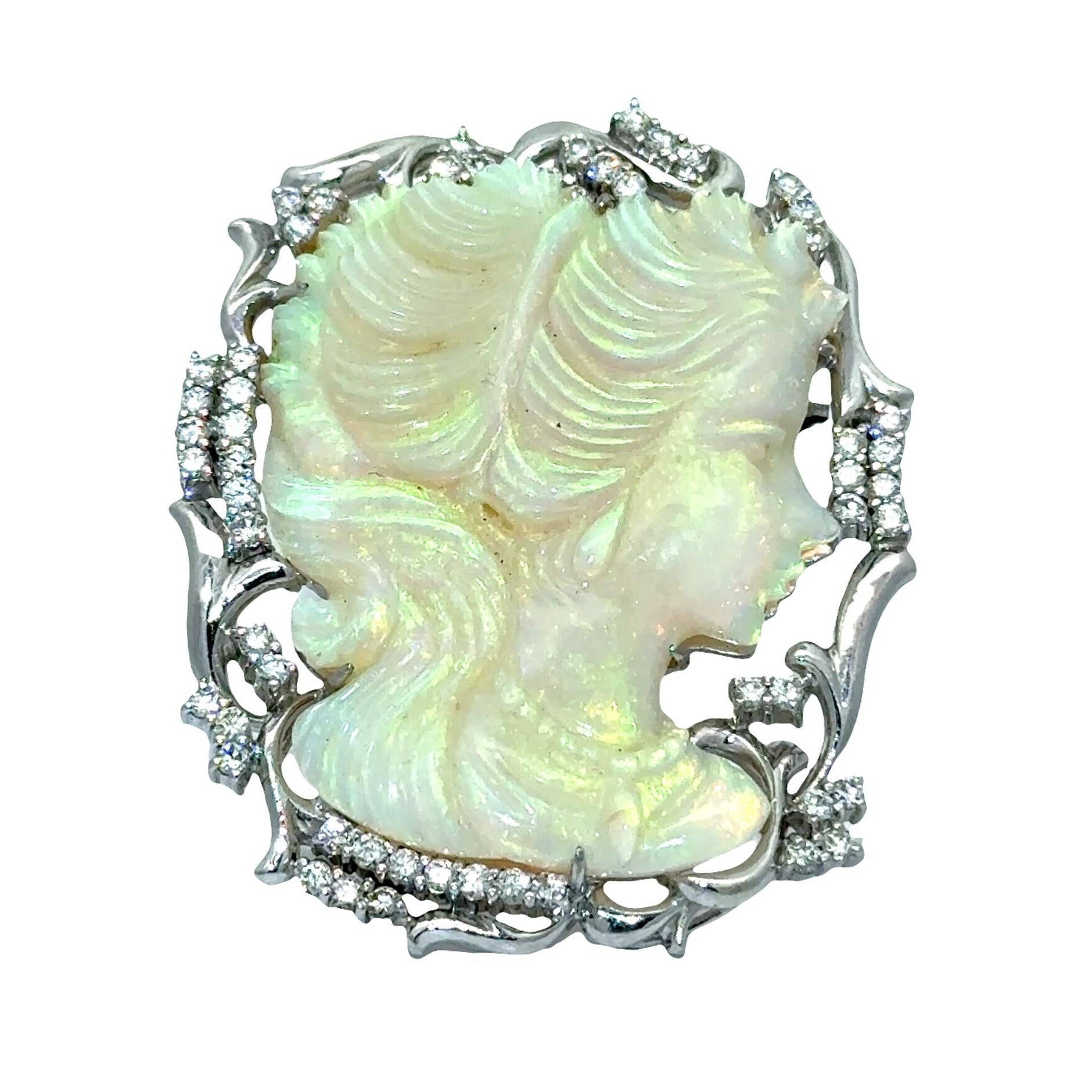 Carved Australian Crystal Opal Diamond Platinum Cameo Brooch