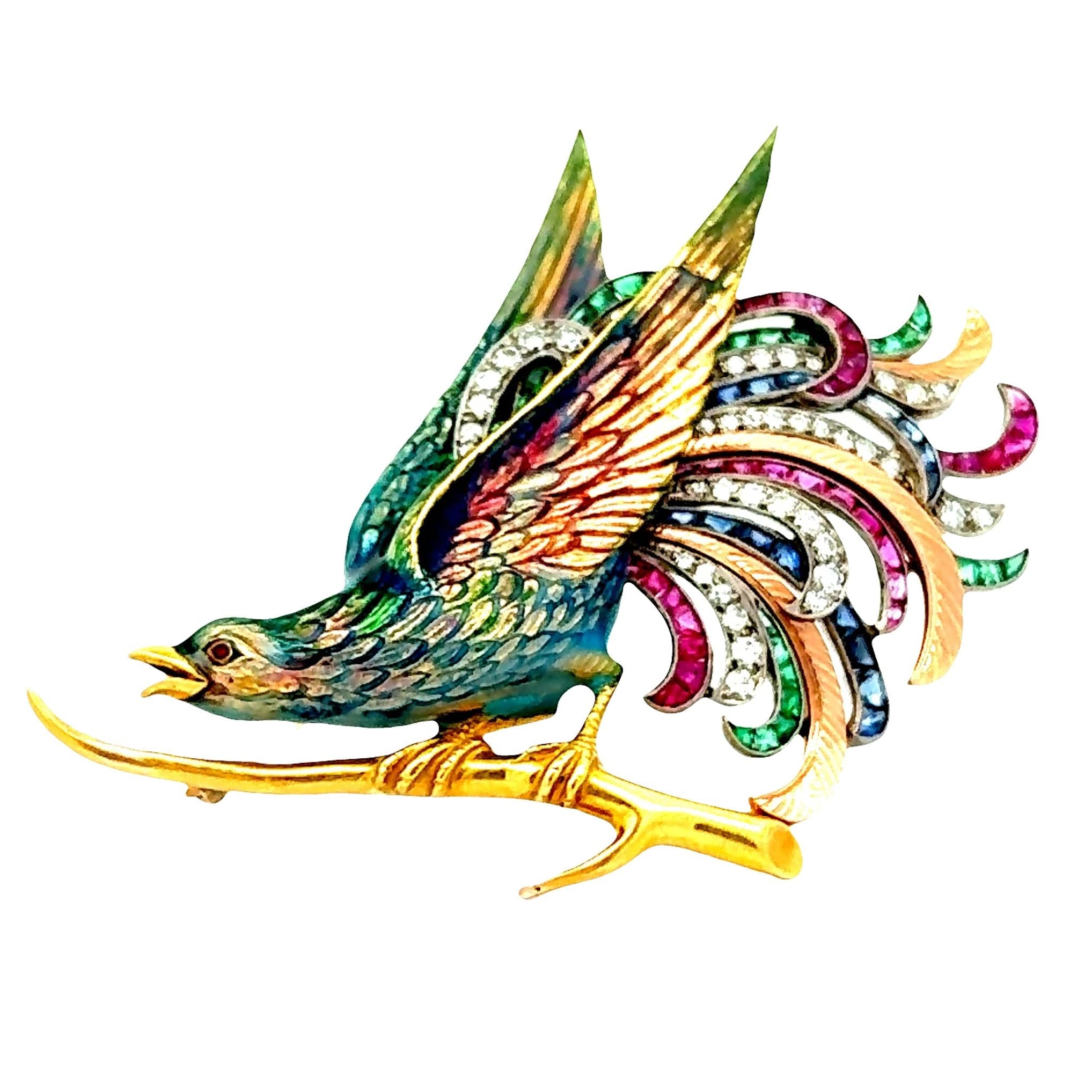 Retro Ruby Sapphire Diamond Emerald Enamel 18k Yellow Gold & Platinum Bird Brooc