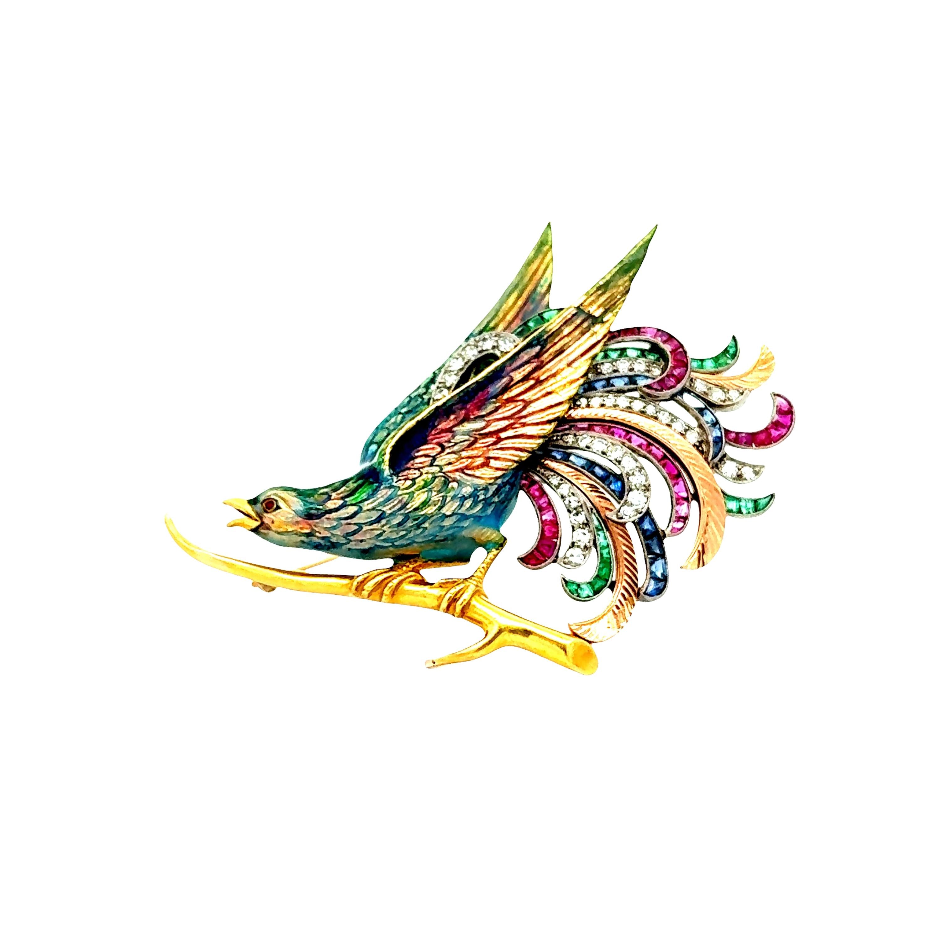 Retro Ruby Sapphire Diamond Emerald Enamel 18k Yellow Gold & Platinum Bird Brooc