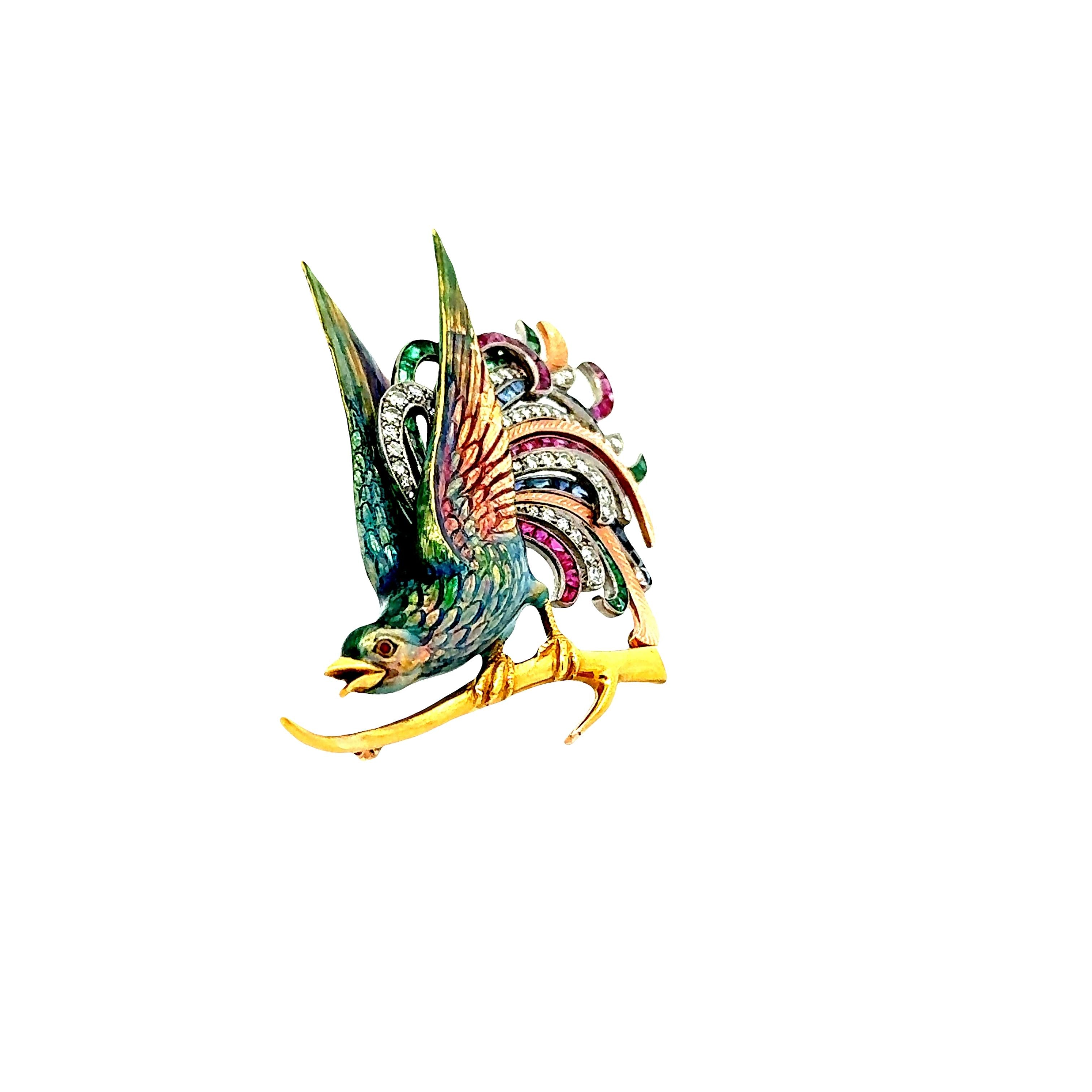Retro Ruby Sapphire Diamond Emerald Enamel 18k Yellow Gold & Platinum Bird Brooc