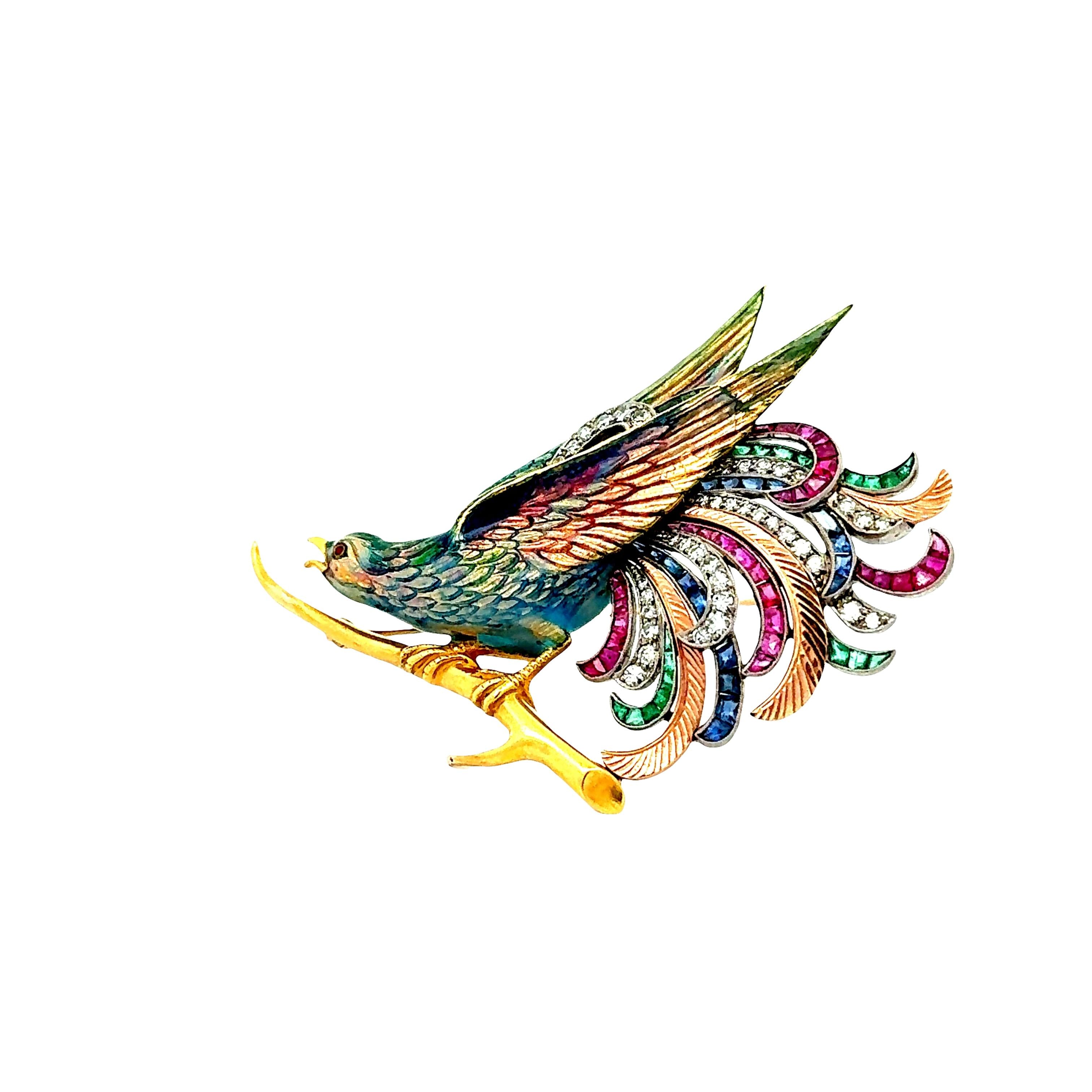 Retro Ruby Sapphire Diamond Emerald Enamel 18k Yellow Gold & Platinum Bird Brooc