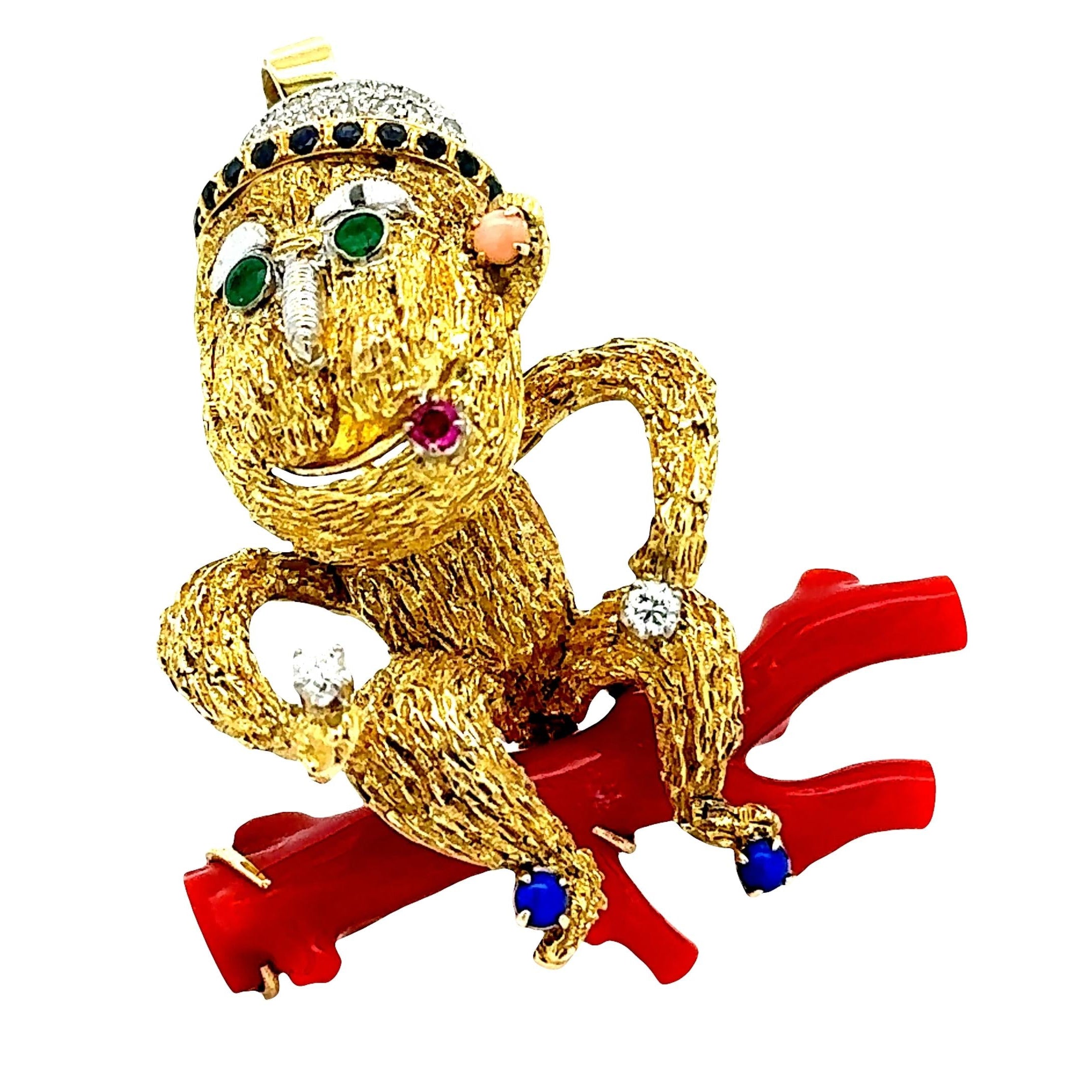 Red Coral Multi-colored Gemstones Diamond 14K Yellow Gold Monkey Brooch Pendant