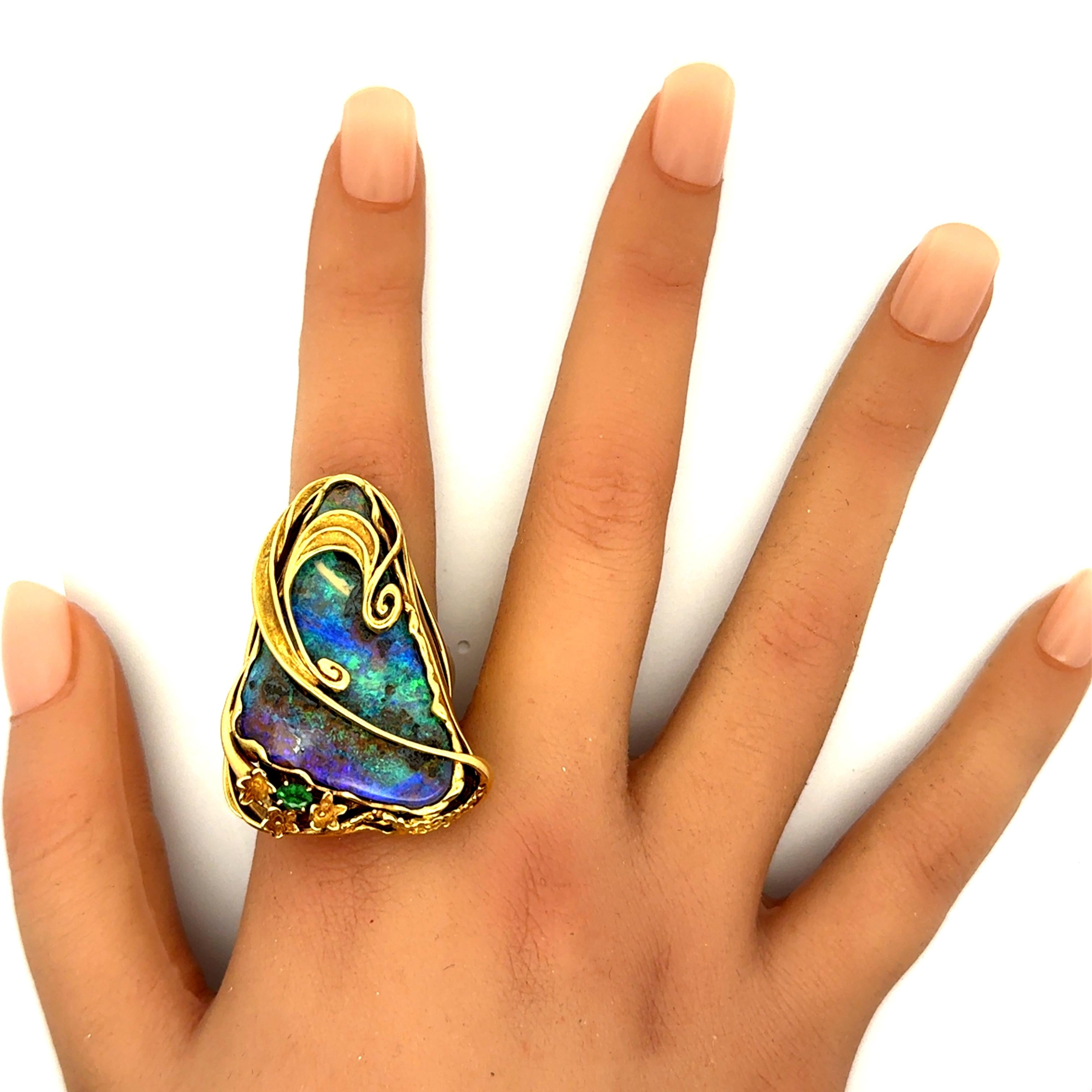 35.23 Carat Australian Boulder Opal Tsavorite 18K Yellow Gold Cocktail Ring
