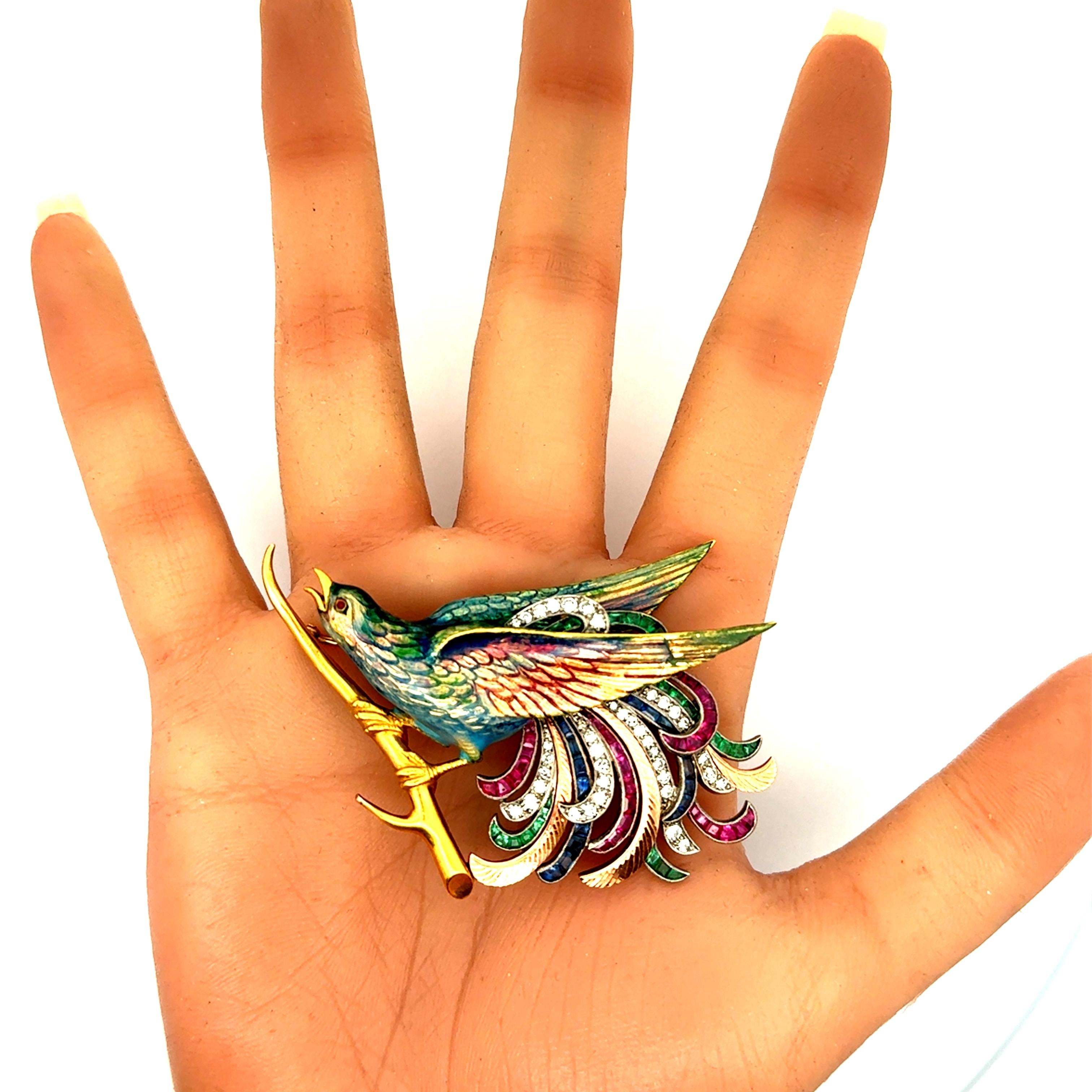 Retro Ruby Sapphire Diamond Emerald Enamel 18k Yellow Gold & Platinum Bird Brooc
