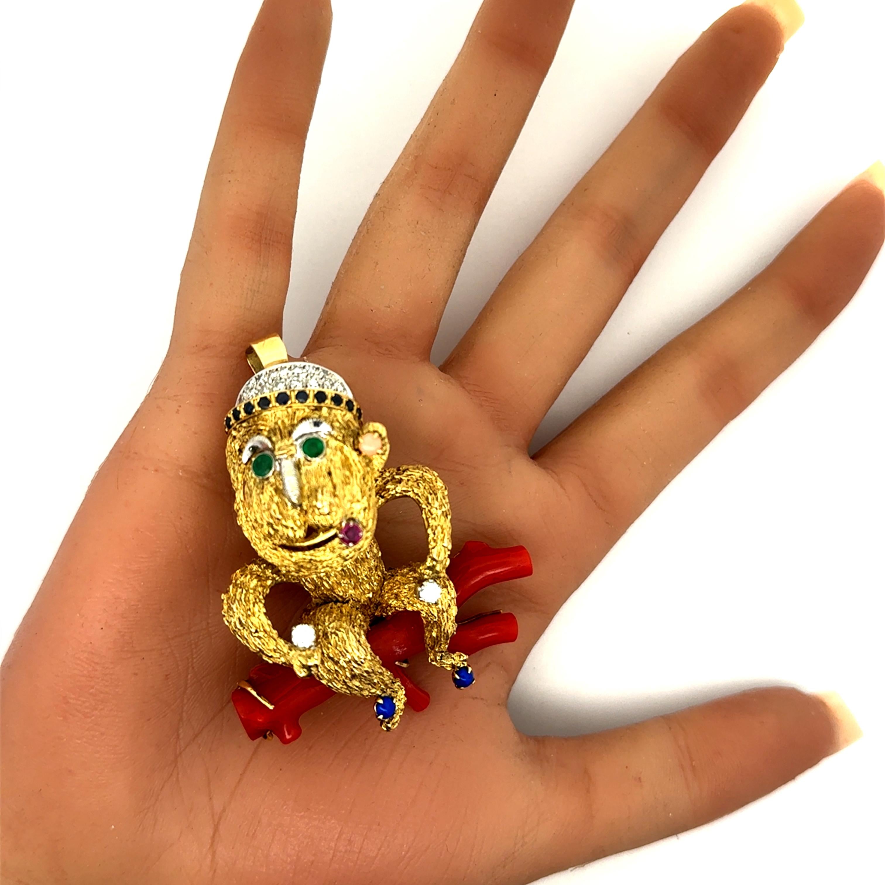 Red Coral Multi-colored Gemstones Diamond 14K Yellow Gold Monkey Brooch Pendant
