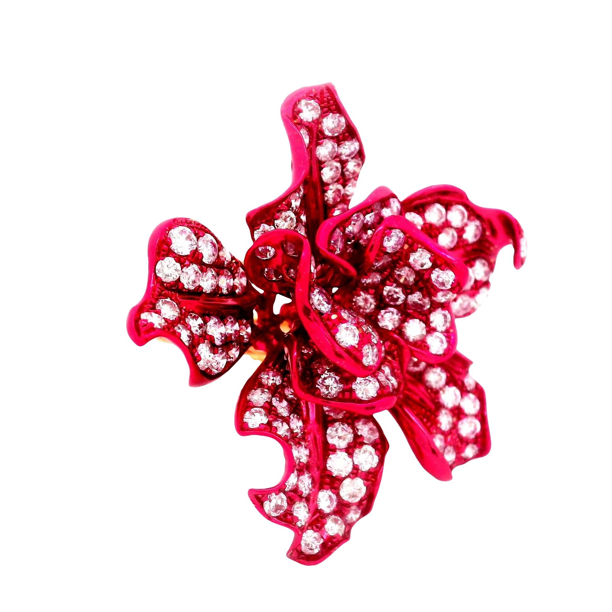 Diamond 18K Gold Red-Rhodium Flower Cocktail Ring