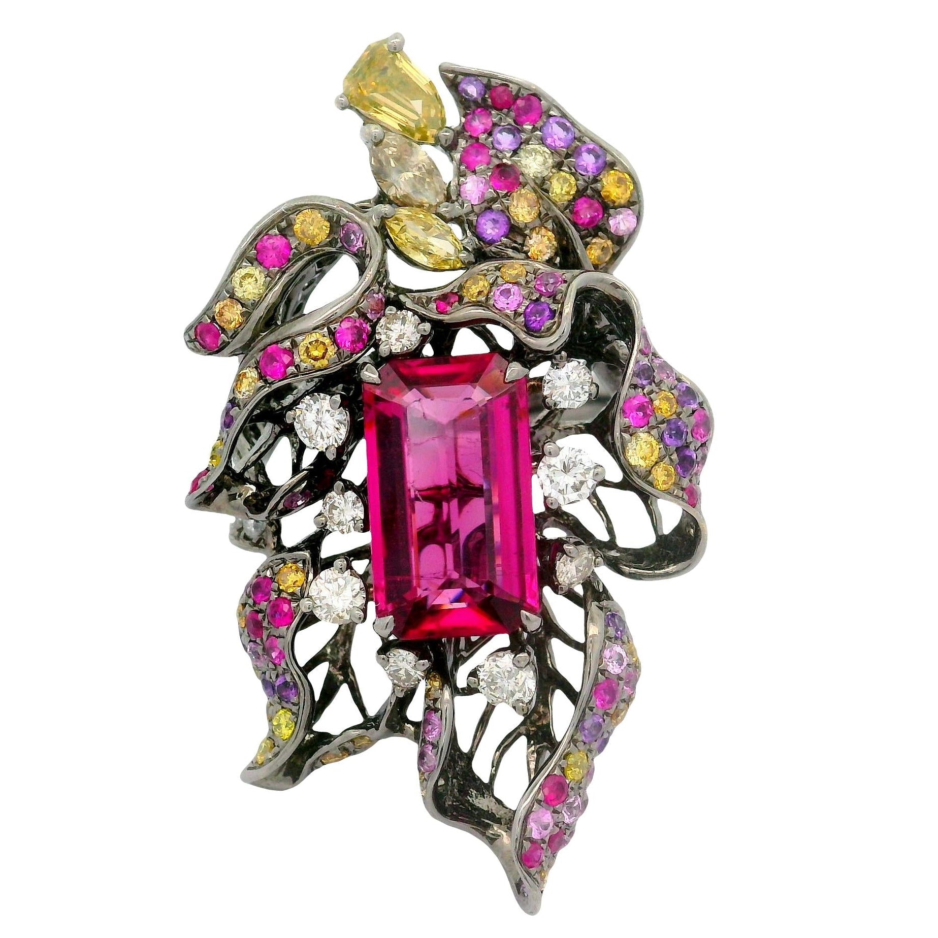 3.27 Carat Tourmaline Rubellite Diamond Sapphire 18K Rhodium Gold Flower Ring