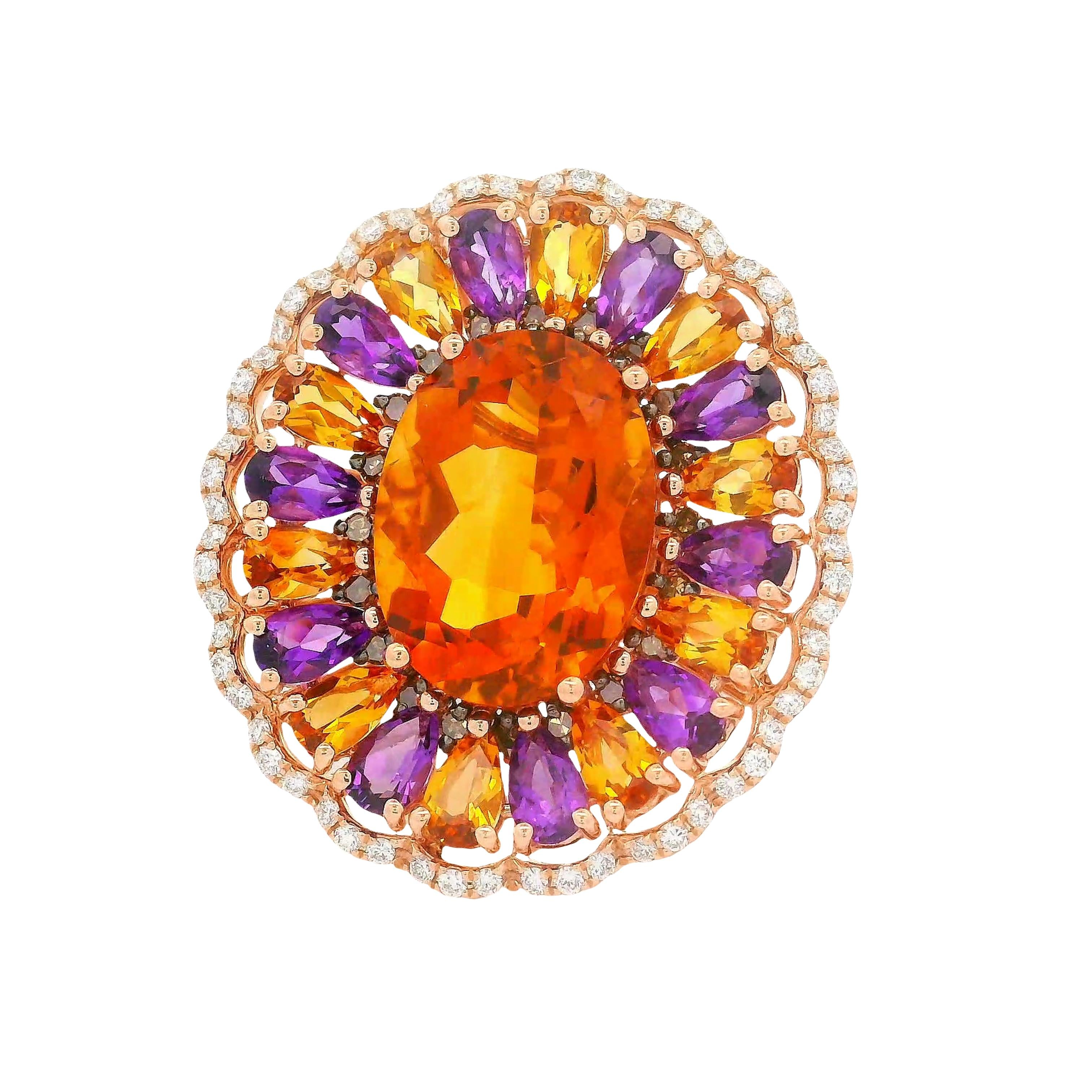 12.39 Carats Multi-colored Gemstones Diamond 14K Rose Gold Sunflower Halo Ring