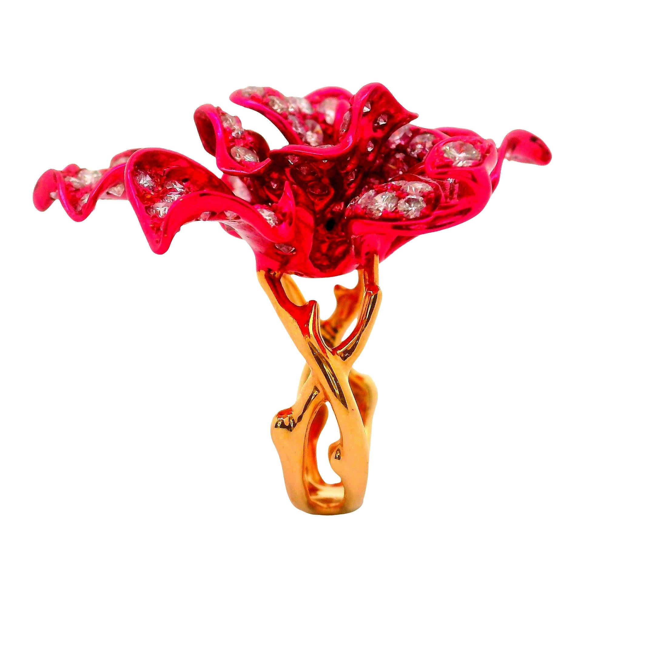 Diamond 18K Gold Red-Rhodium Flower Cocktail Ring