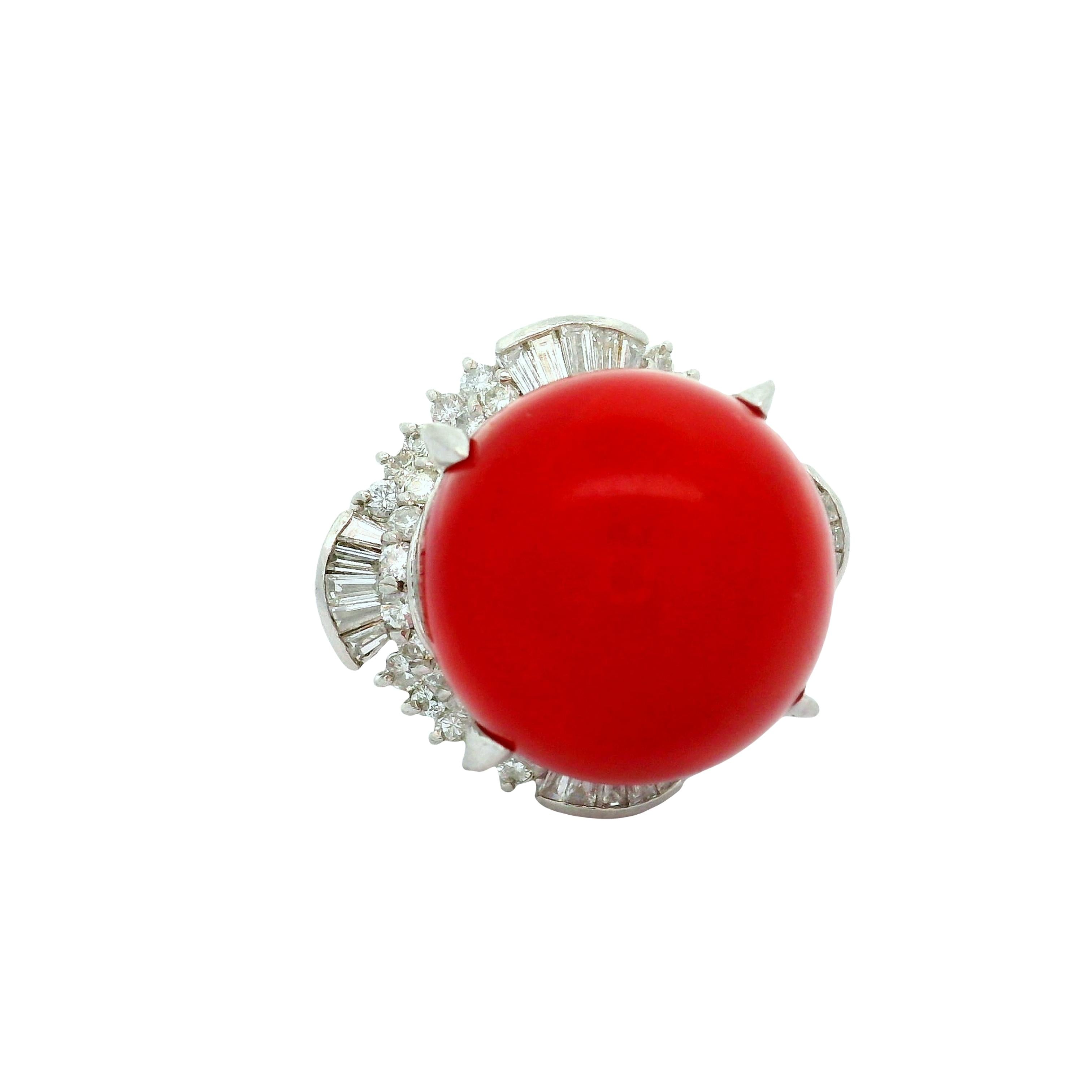 17mm Red Coral Diamond Platinum Ballerina Ring