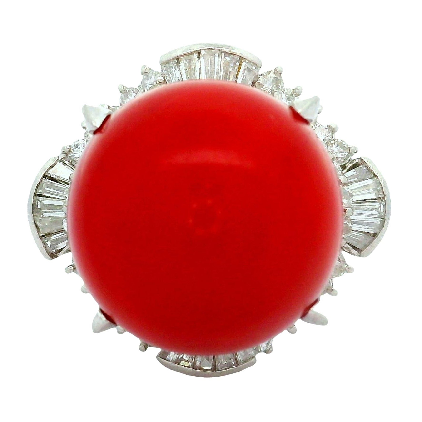 17mm Red Coral Diamond Platinum Ballerina Ring