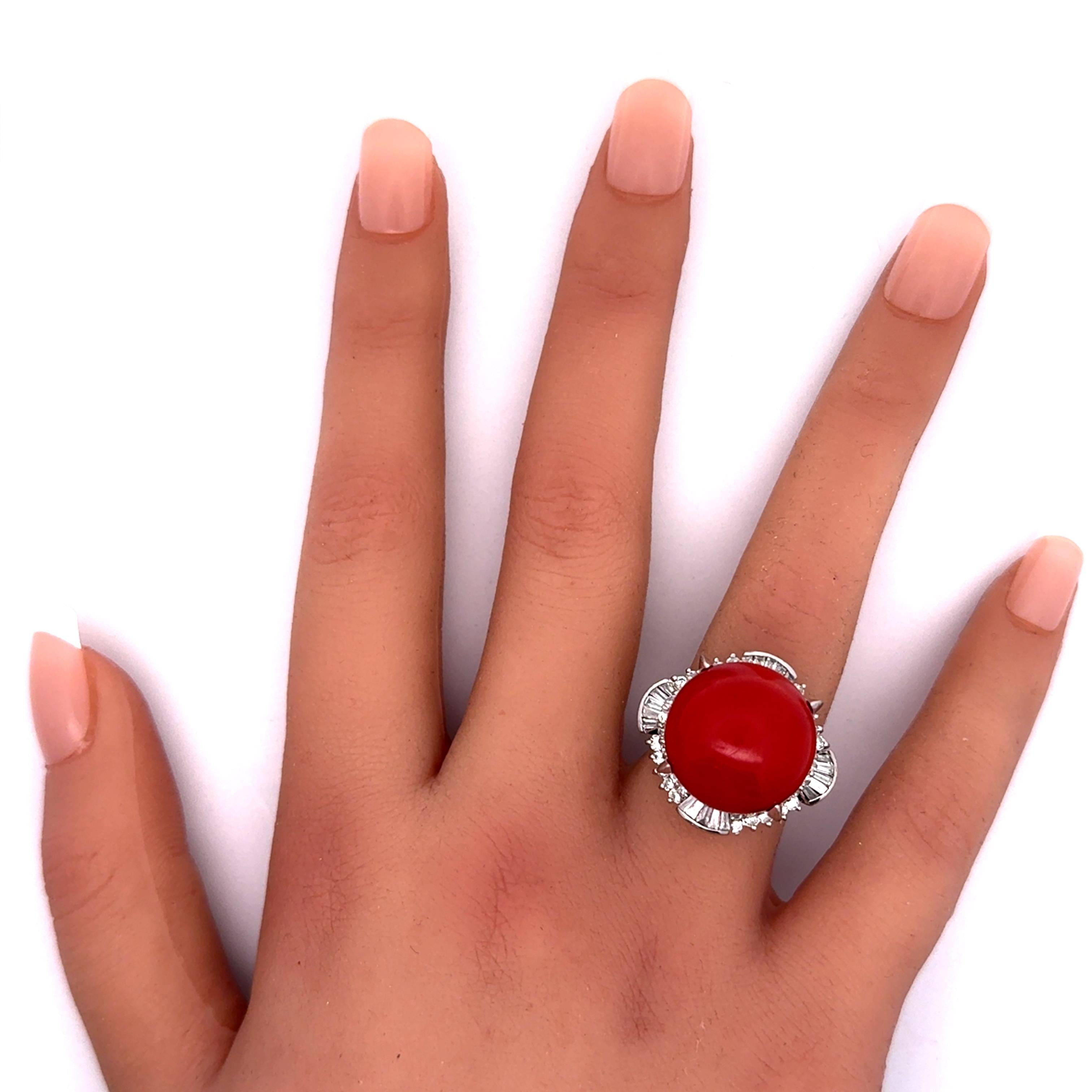 17mm Red Coral Diamond Platinum Ballerina Ring
