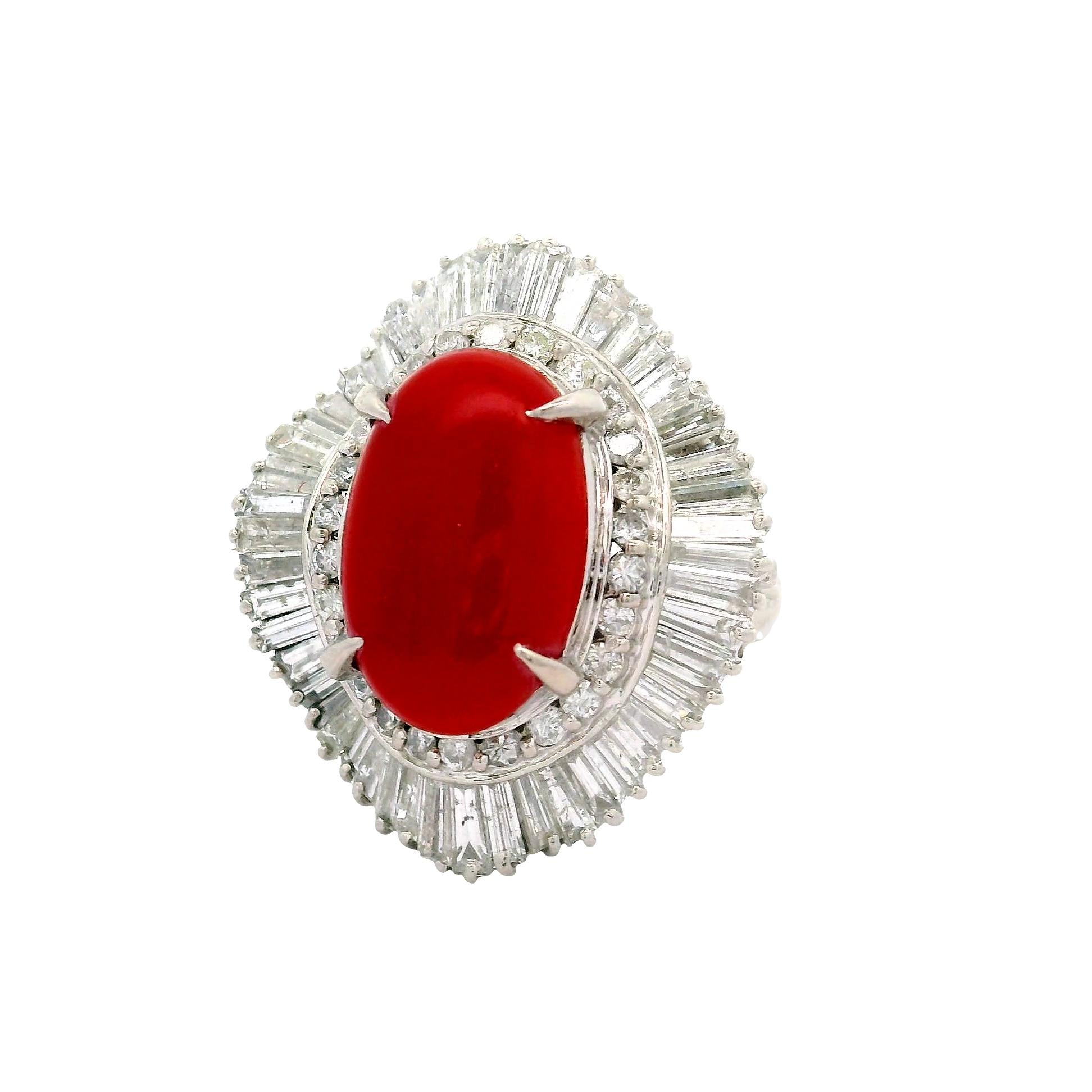 Red Coral Diamond Platinum Ballerina Ring