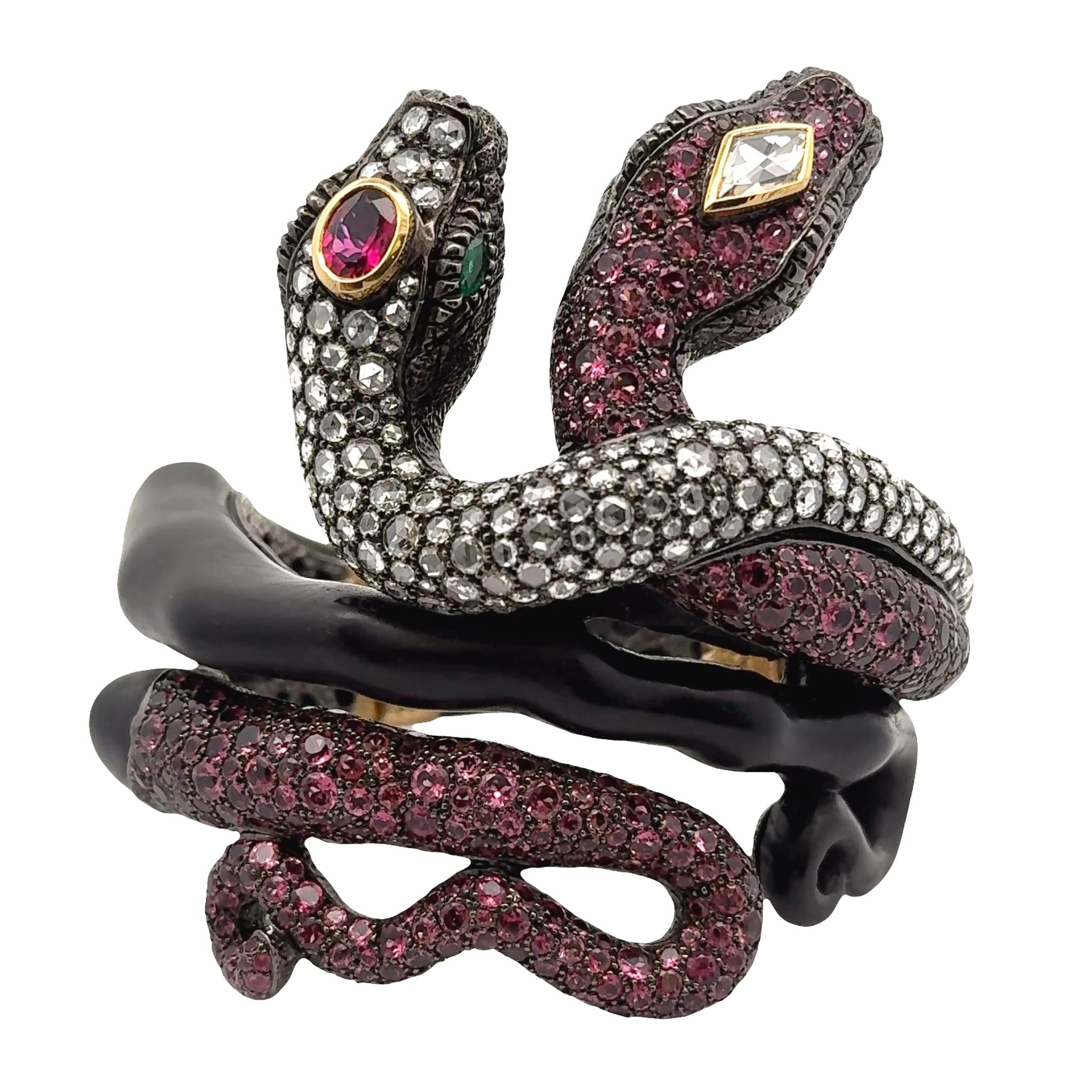 Pink Tourmaline Diamond Silver-18k Gold-Wooden Snake Bracelet