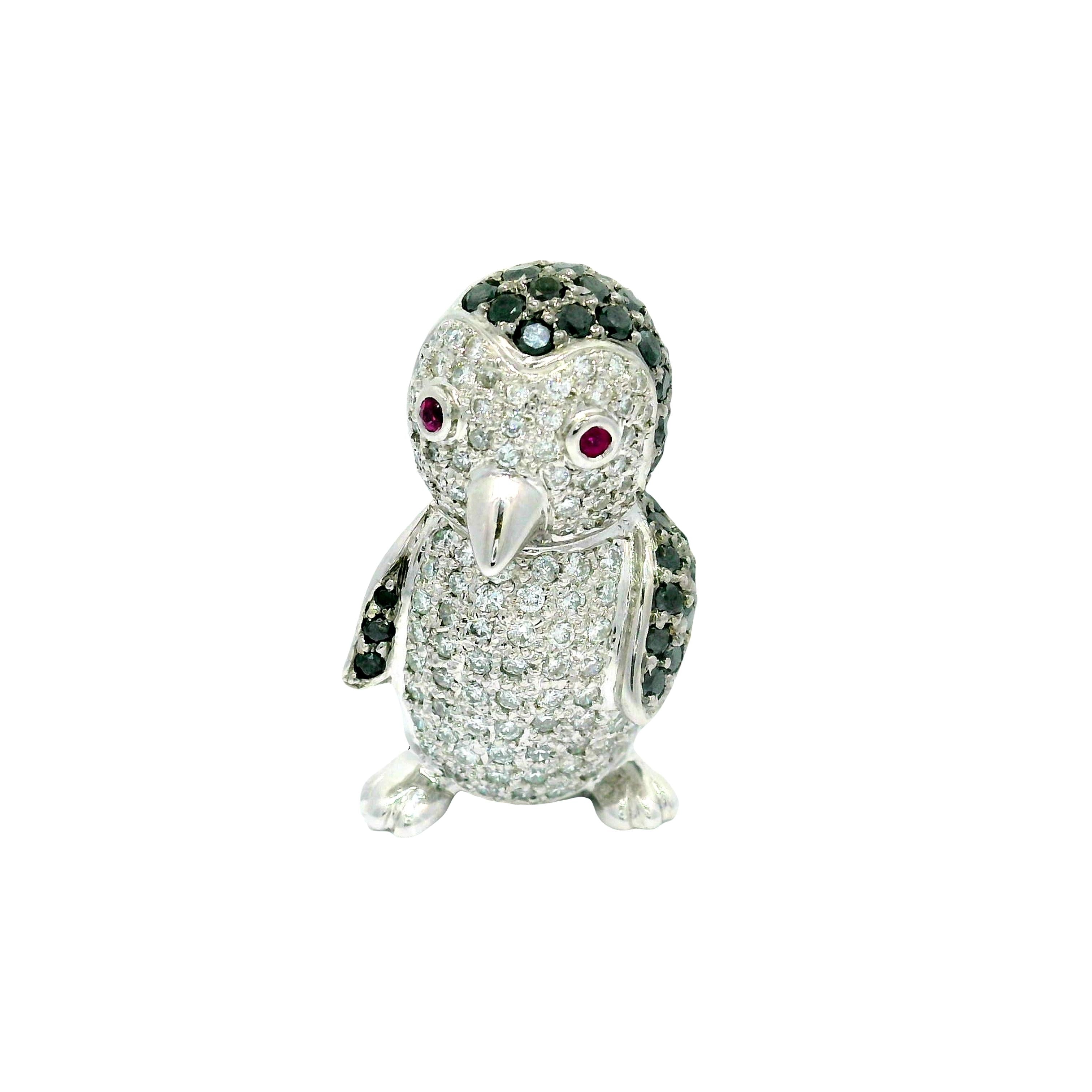 Black & White Diamond Ruby 18k White Gold Penguin Pendant Brooch