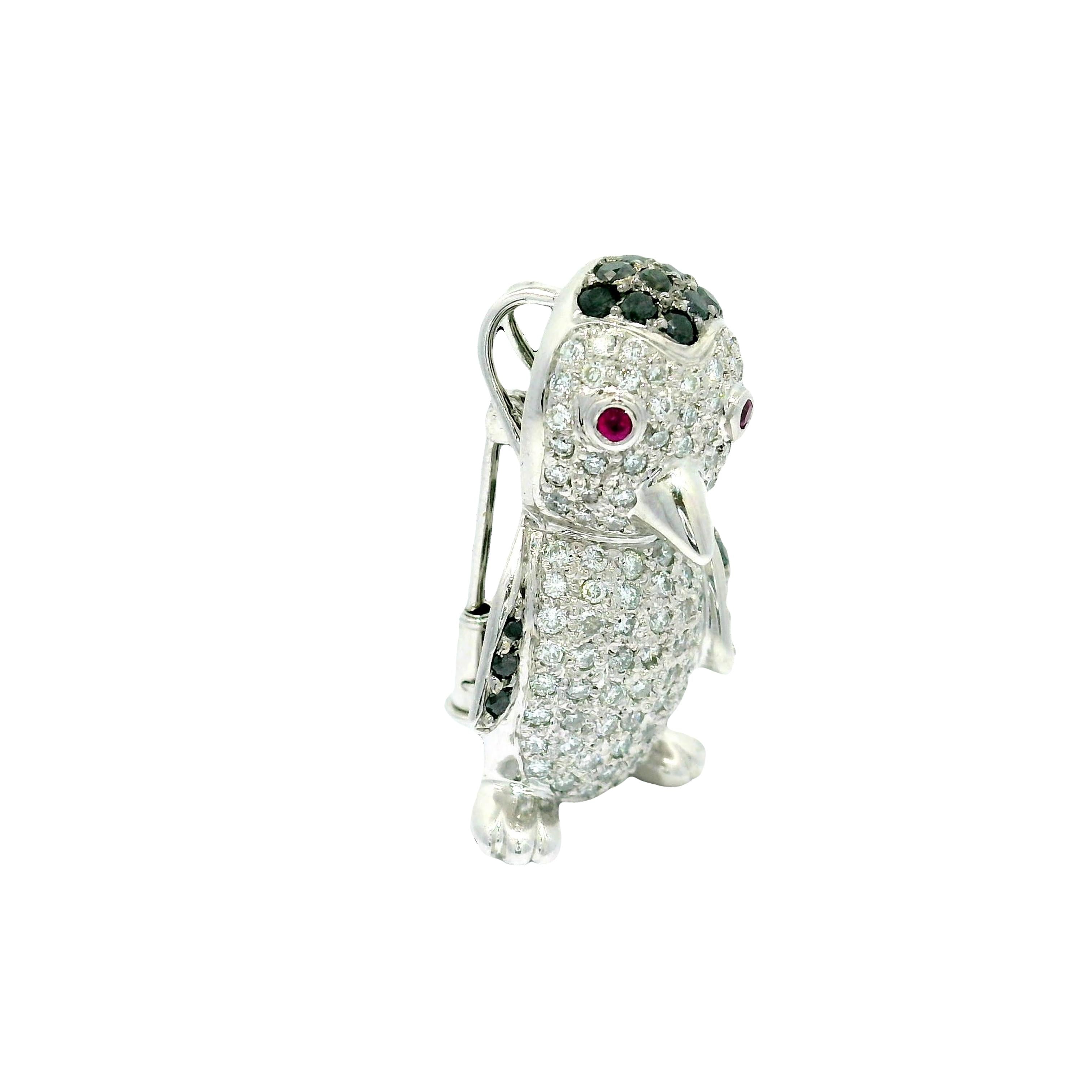 Black & White Diamond Ruby 18k White Gold Penguin Pendant Brooch