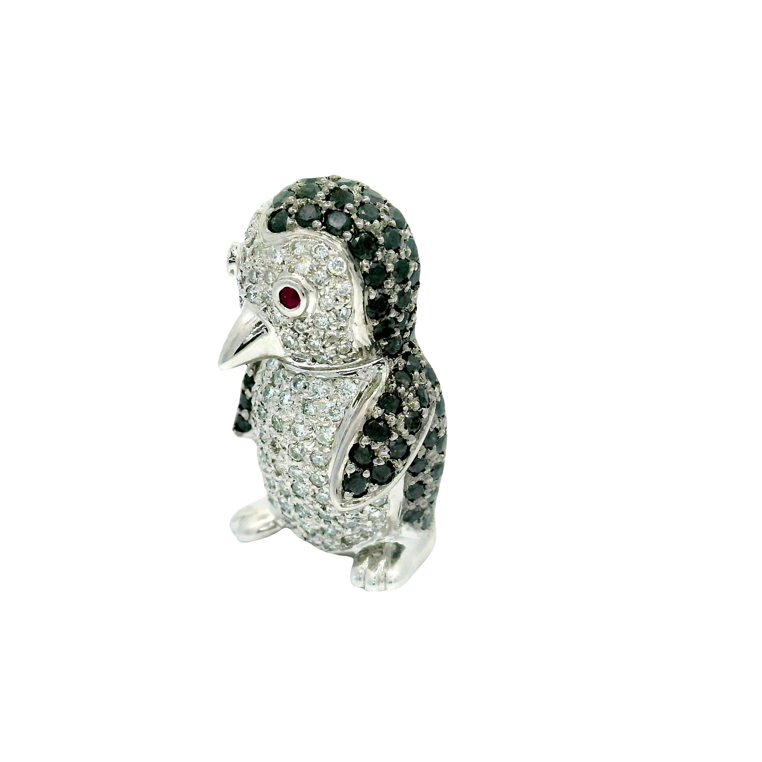 Black & White Diamond Ruby 18k White Gold Penguin Pendant Brooch