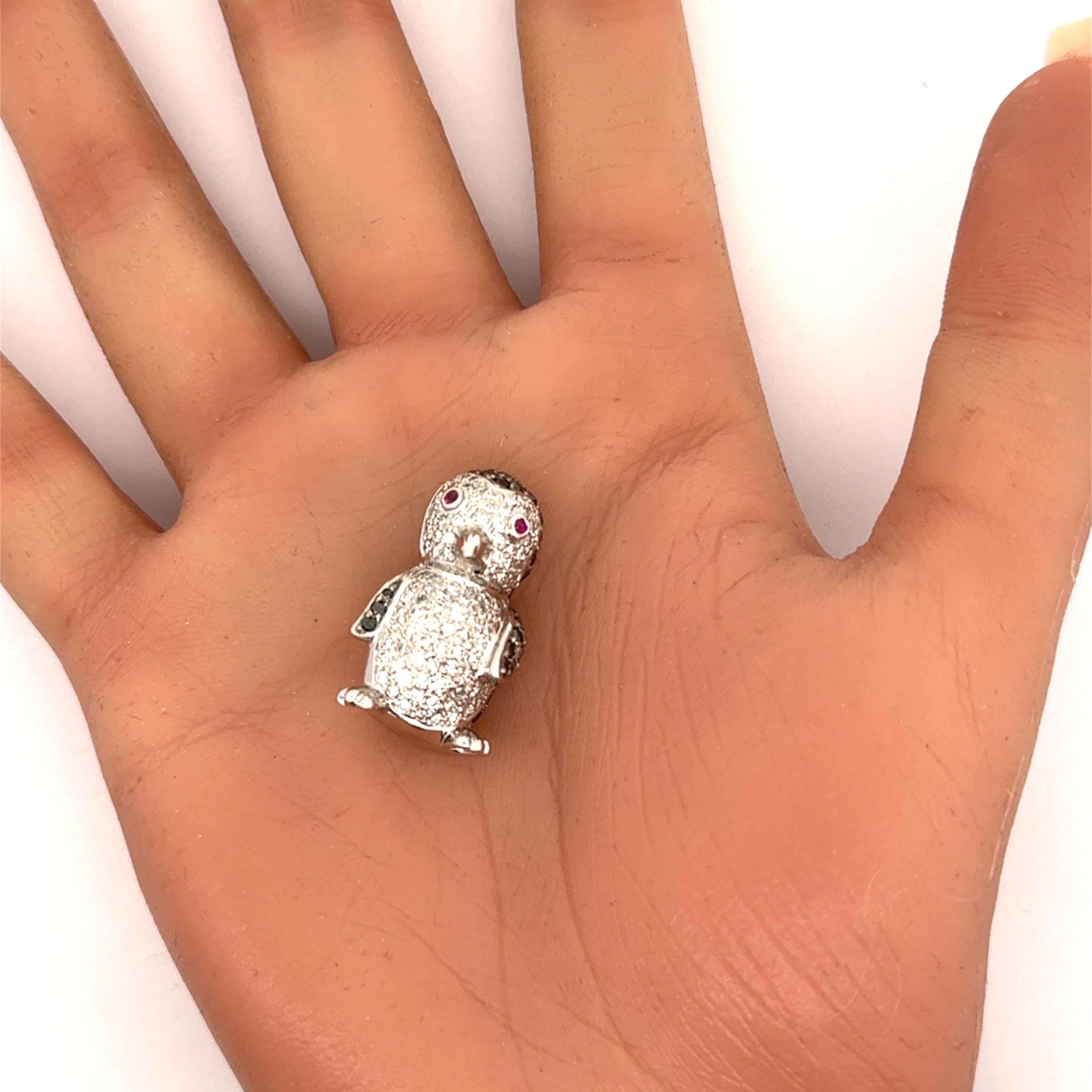Black & White Diamond Ruby 18k White Gold Penguin Pendant Brooch