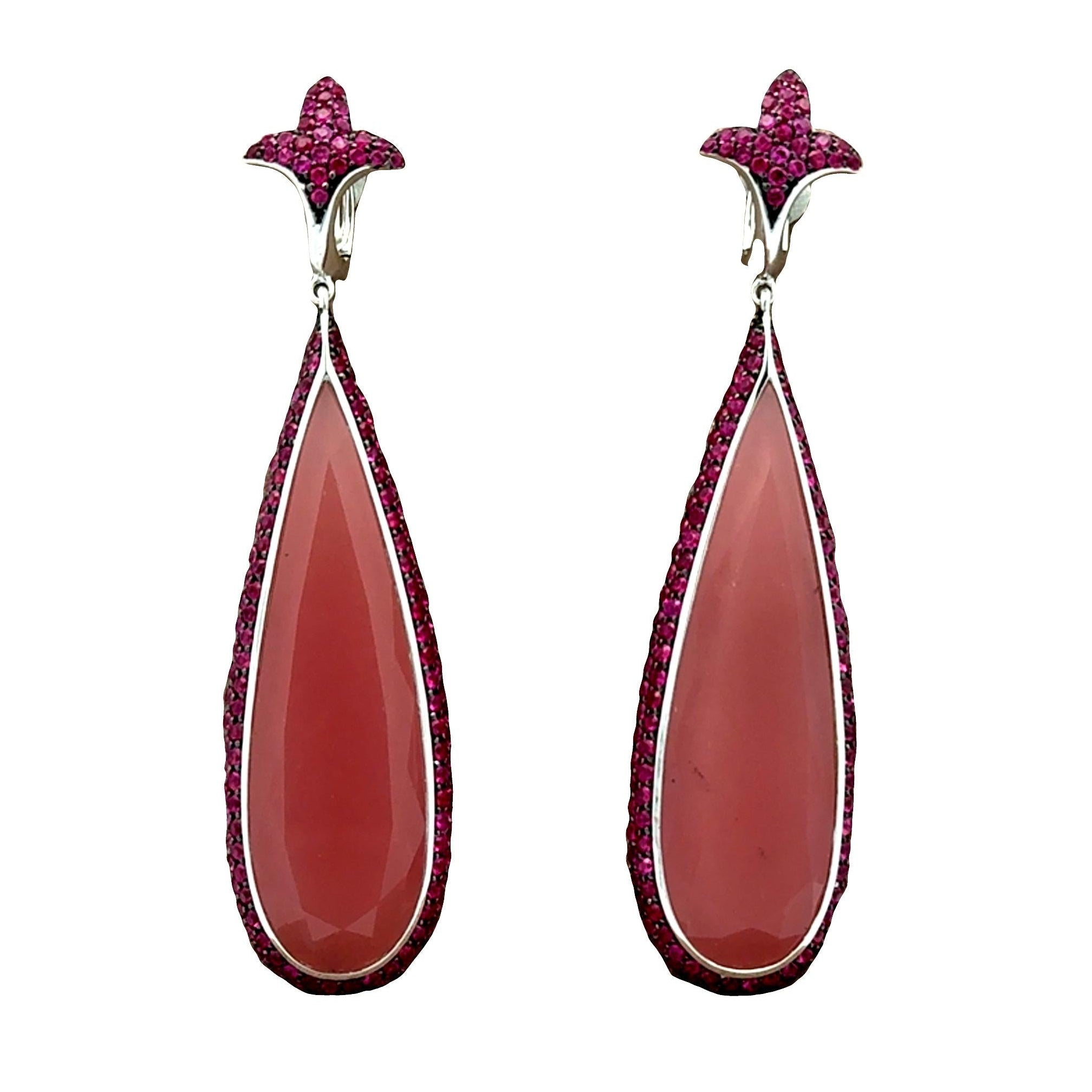 Rose Quartz Ruby 18k White Gold Drop Dangle Earrings