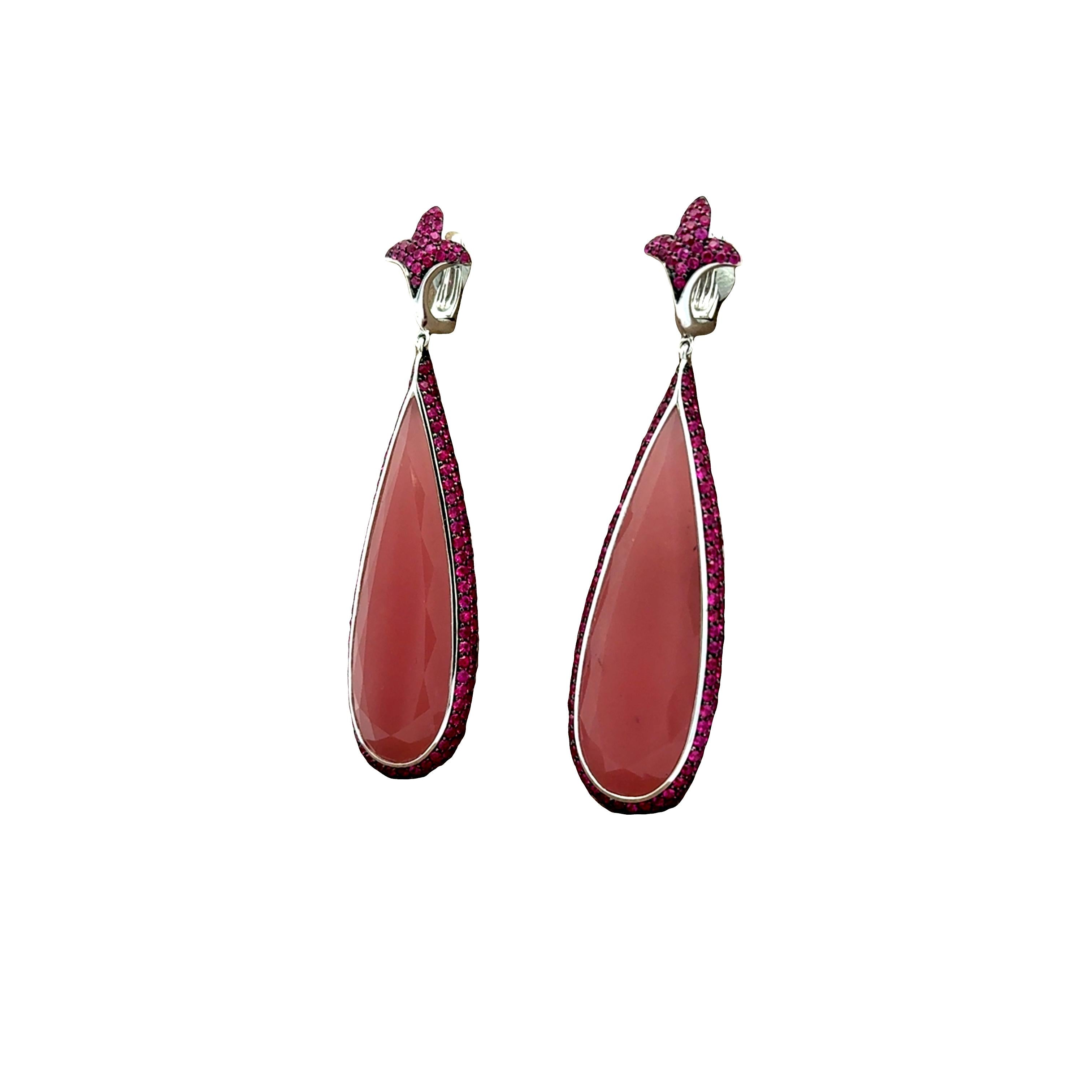 Rose Quartz Ruby 18k White Gold Drop Dangle Earrings