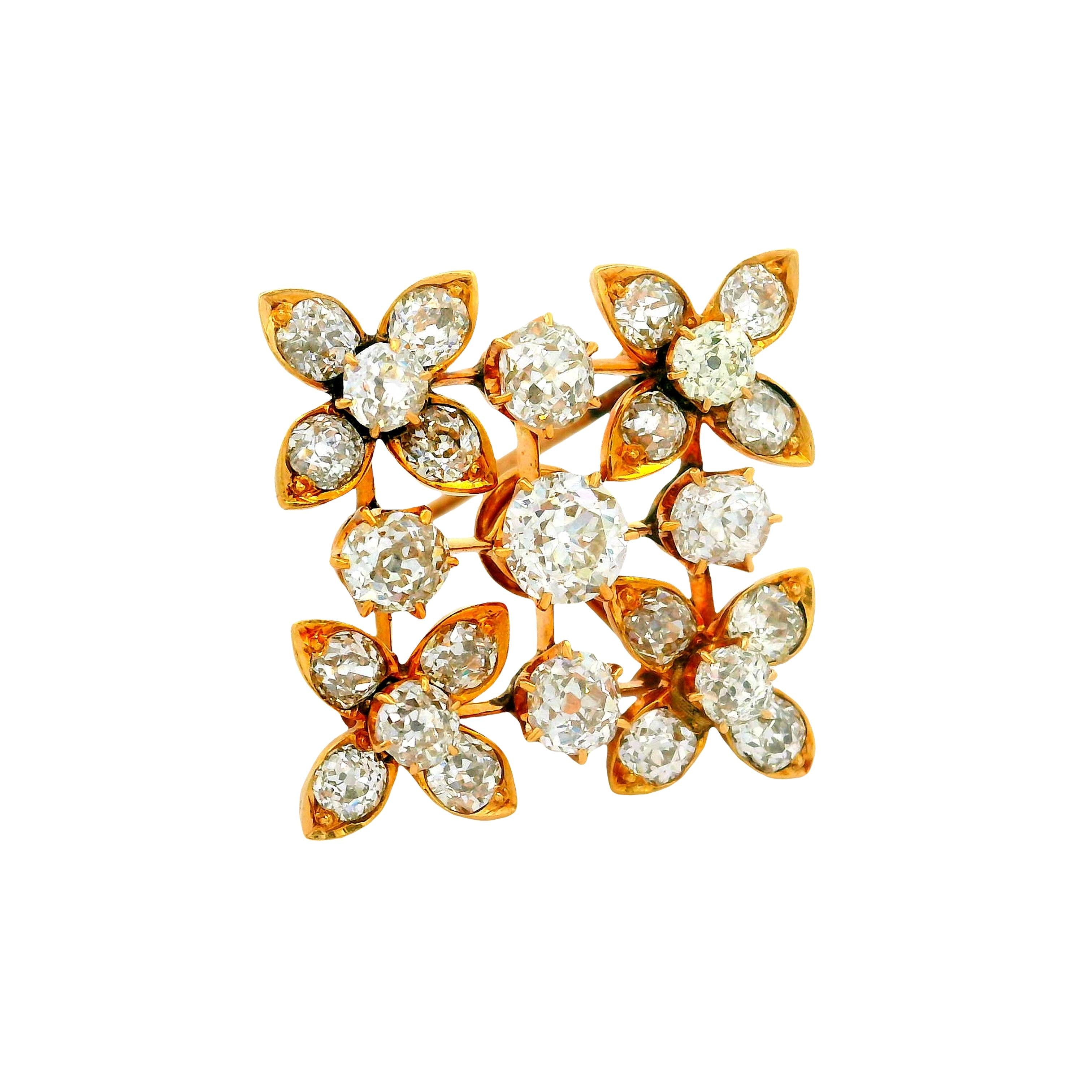 Victorian Diamond 14K Yellow Gold Flower Pendant Brooch