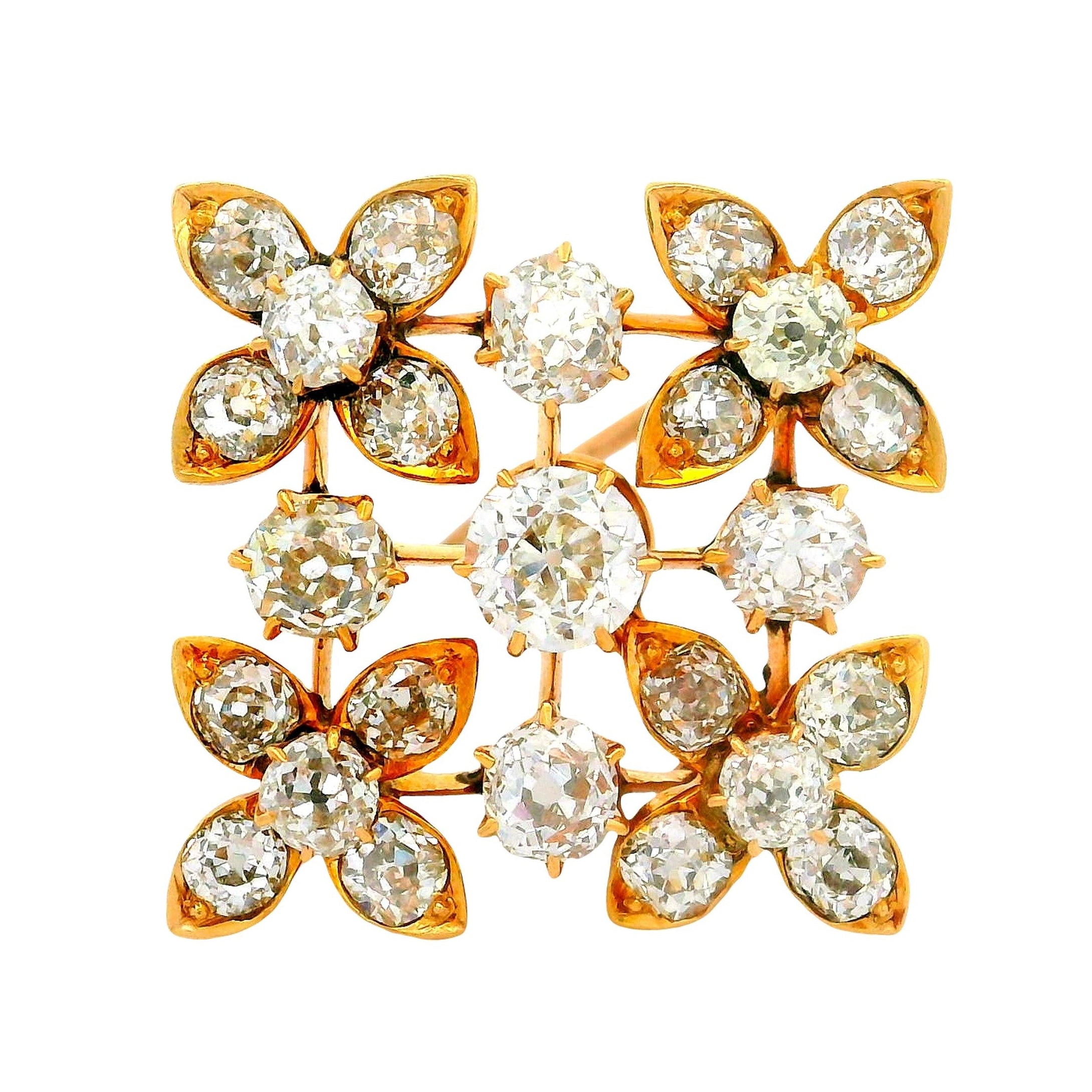 Victorian Diamond 14K Yellow Gold Flower Pendant Brooch
