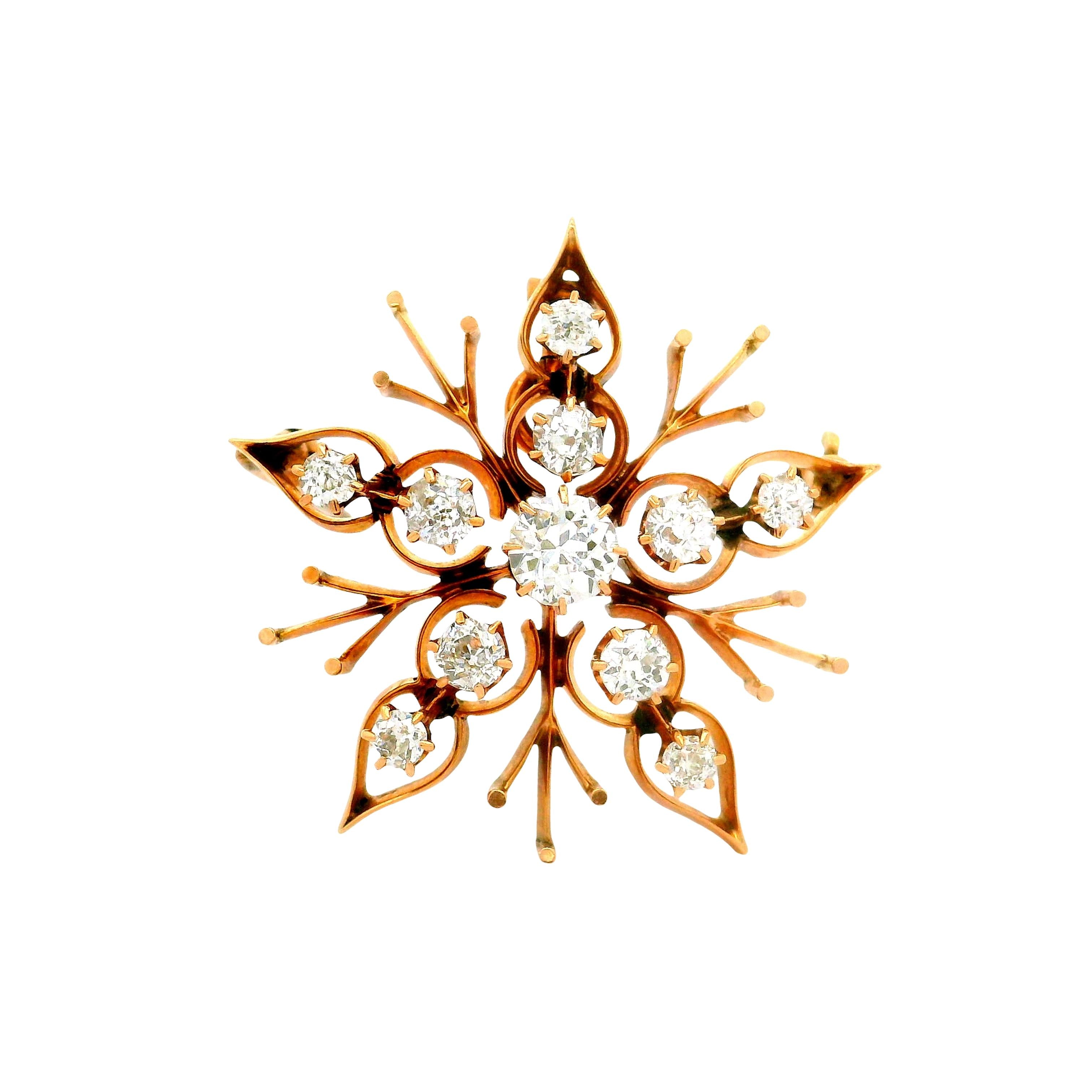 Victorian Diamond 14K Yellow Gold Snowflake Pendant Brooch