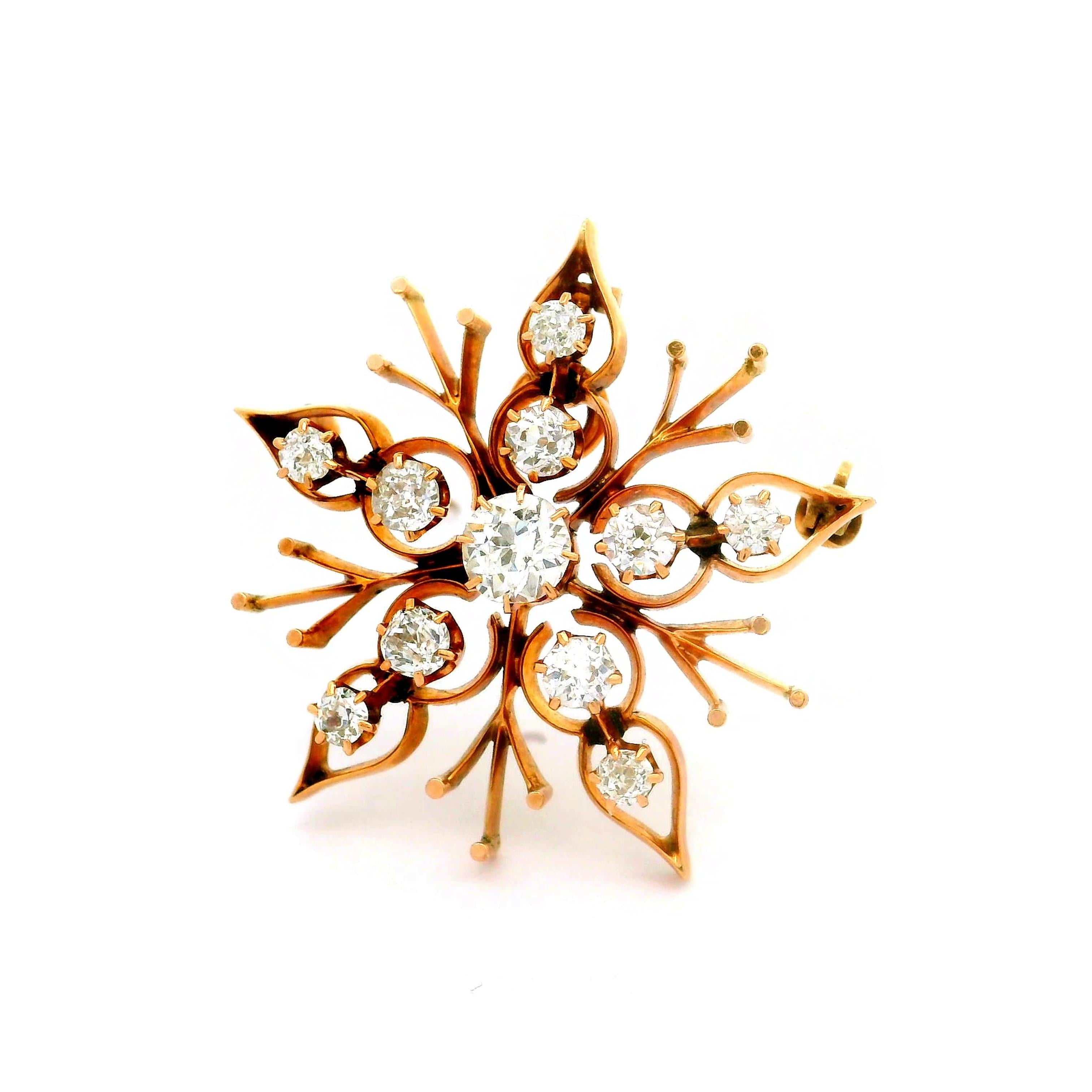 Victorian Diamond 14K Yellow Gold Snowflake Pendant Brooch