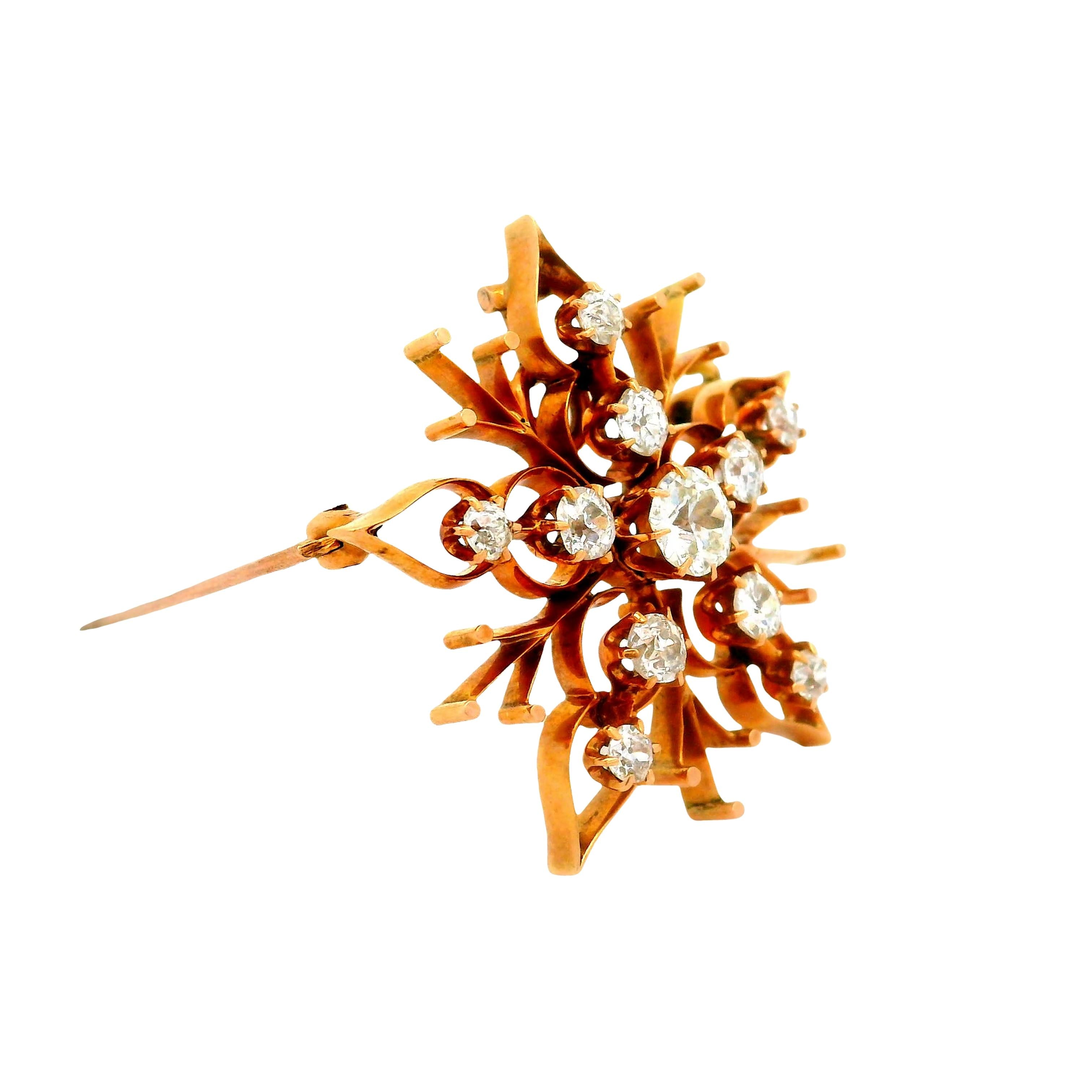 Victorian Diamond 14K Yellow Gold Snowflake Pendant Brooch
