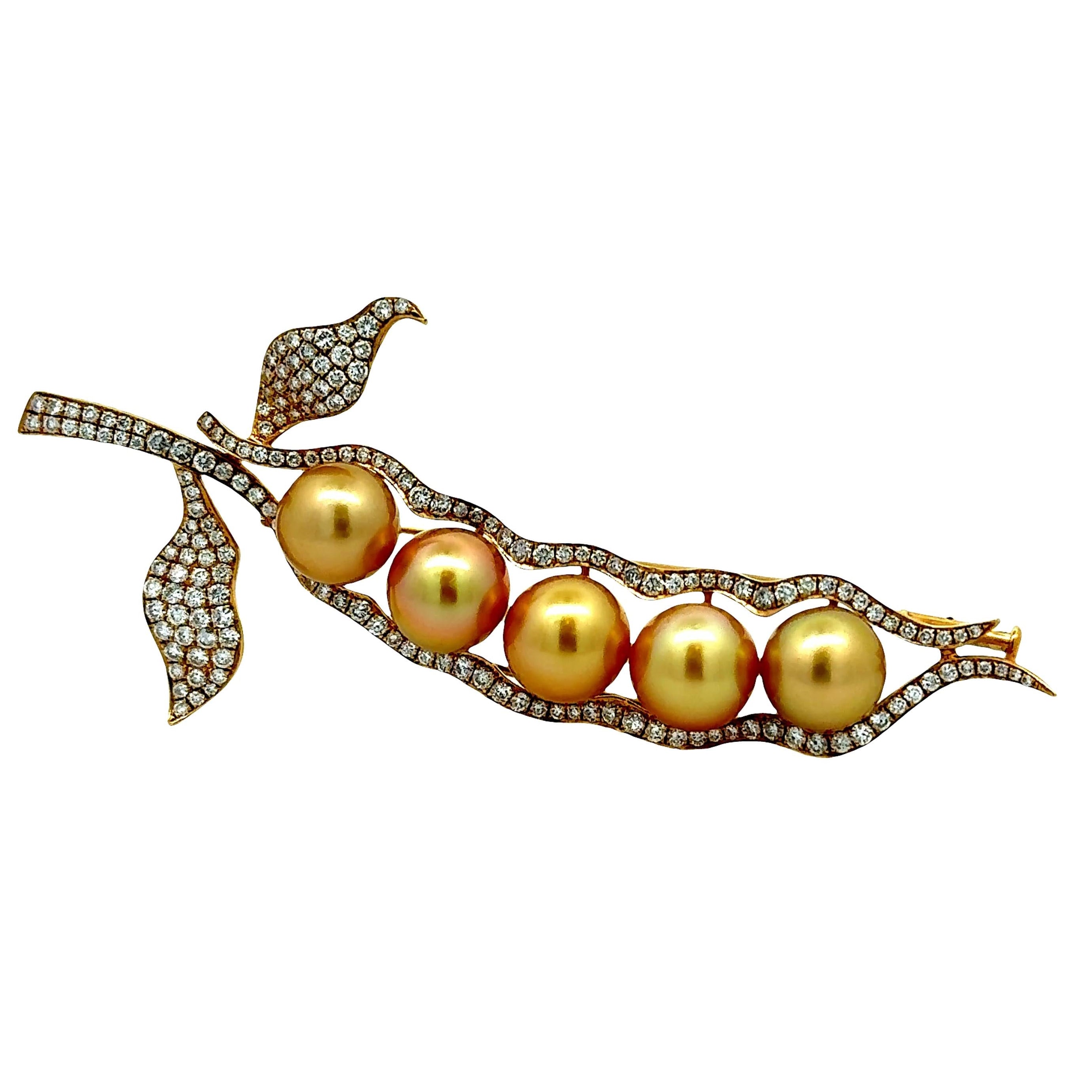 Golden South Sea Pearl Diamond 18K Yellow Gold Pea Pod Brooch-Pendant