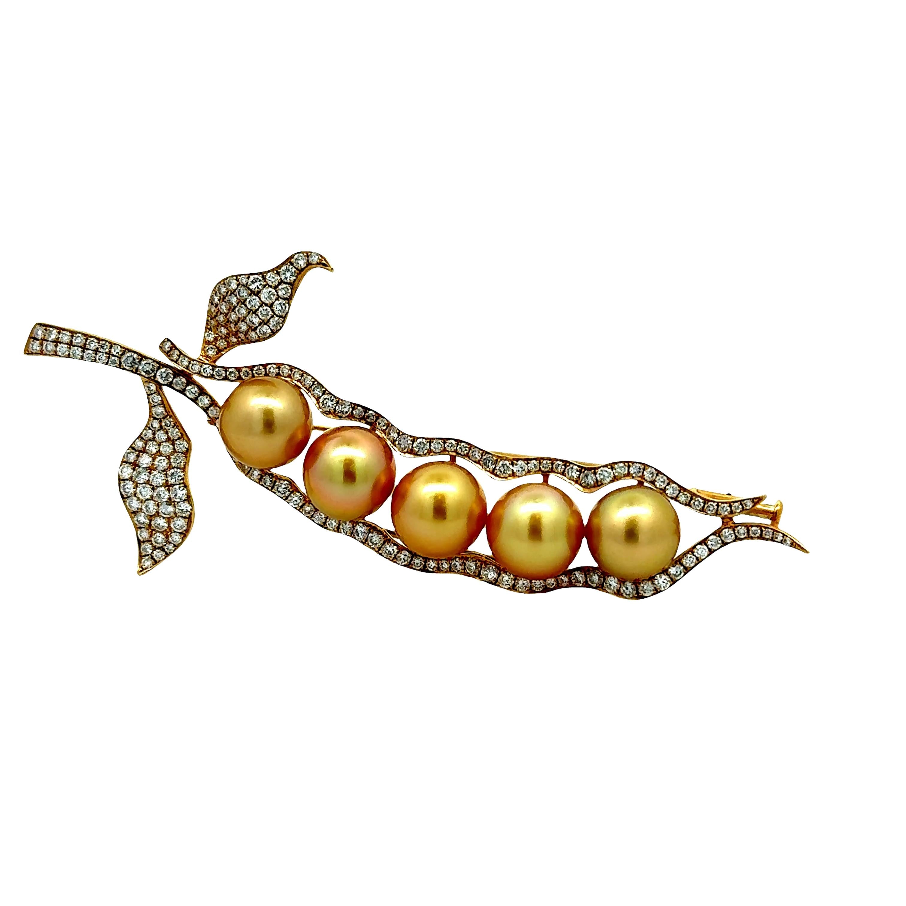 Golden South Sea Pearl Diamond 18K Yellow Gold Pea Pod Brooch-Pendant