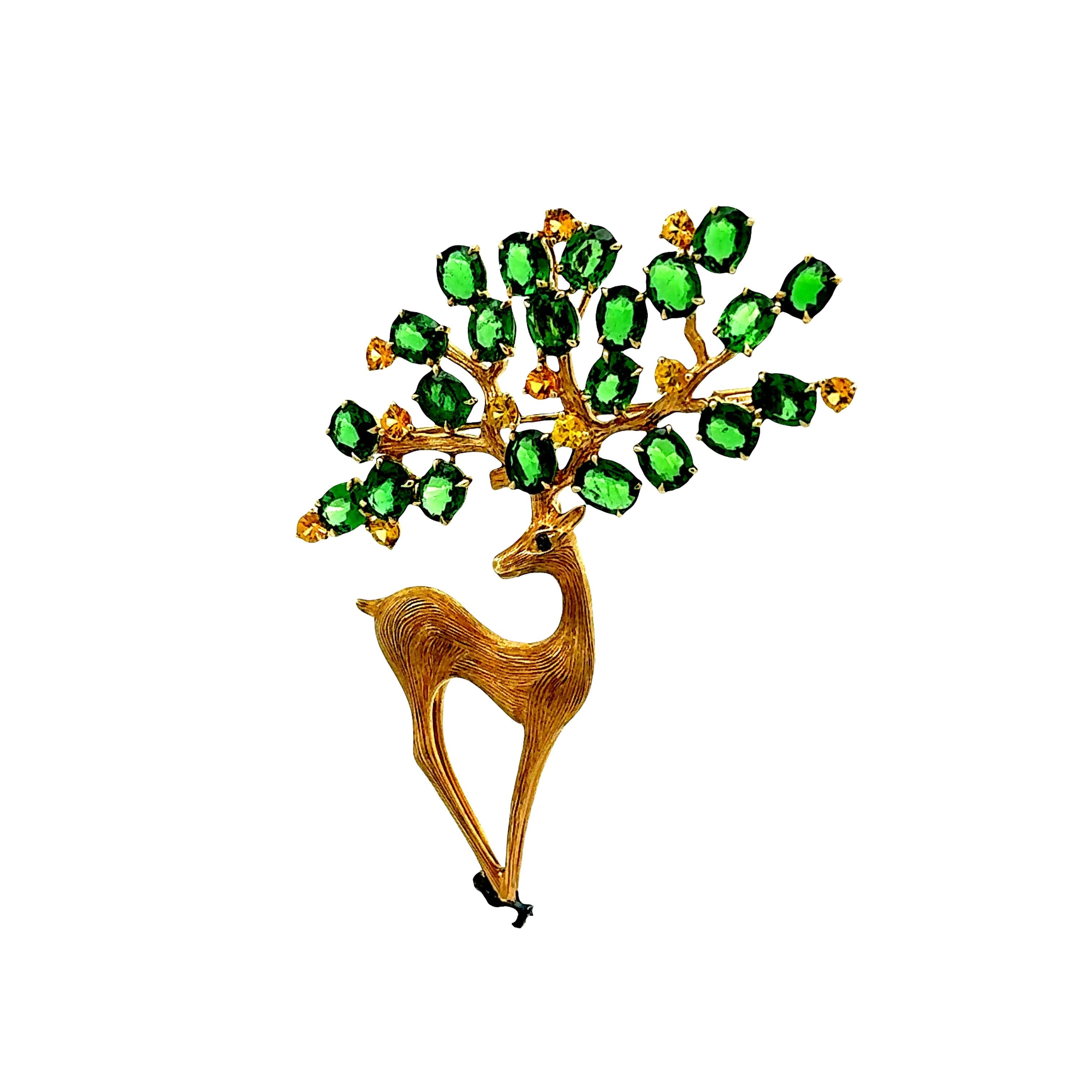 Tsavorite Sapphire 18K Yellow Gold Deer Brooch