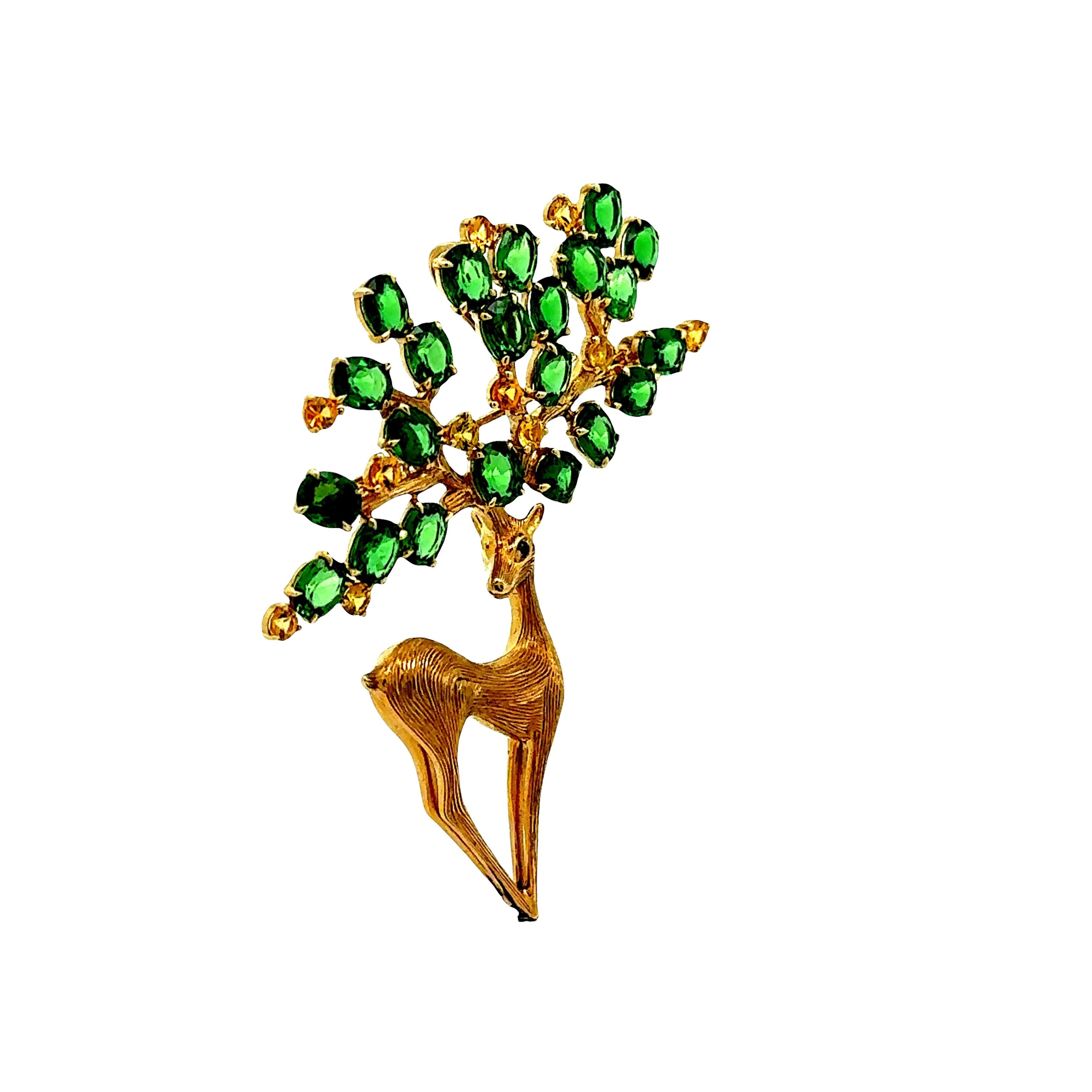 Tsavorite Sapphire 18K Yellow Gold Deer Brooch