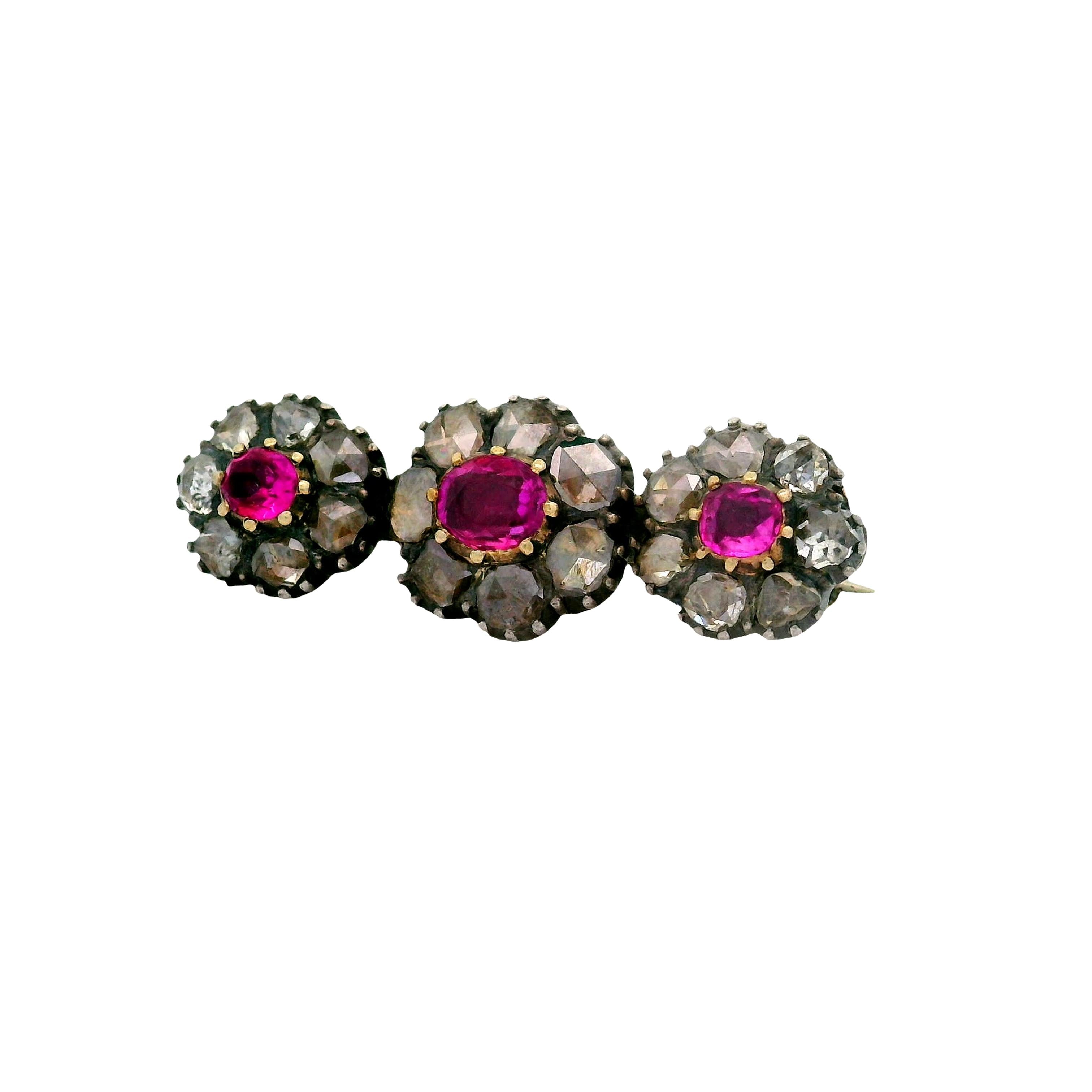 Antique Ruby Diamond 14K Gold Brooch
