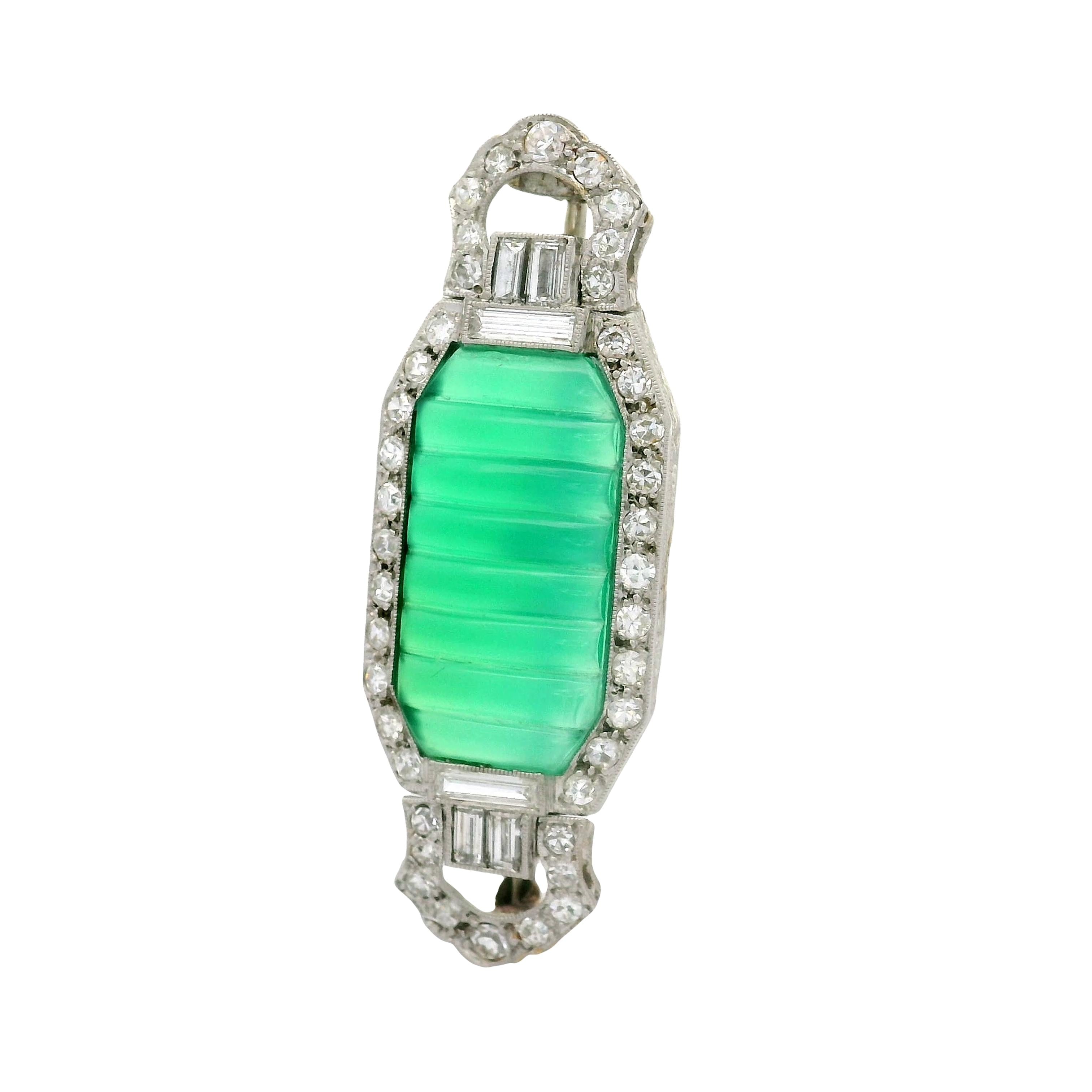 Art Deco Chrysoprase Diamond Platinum Brooch