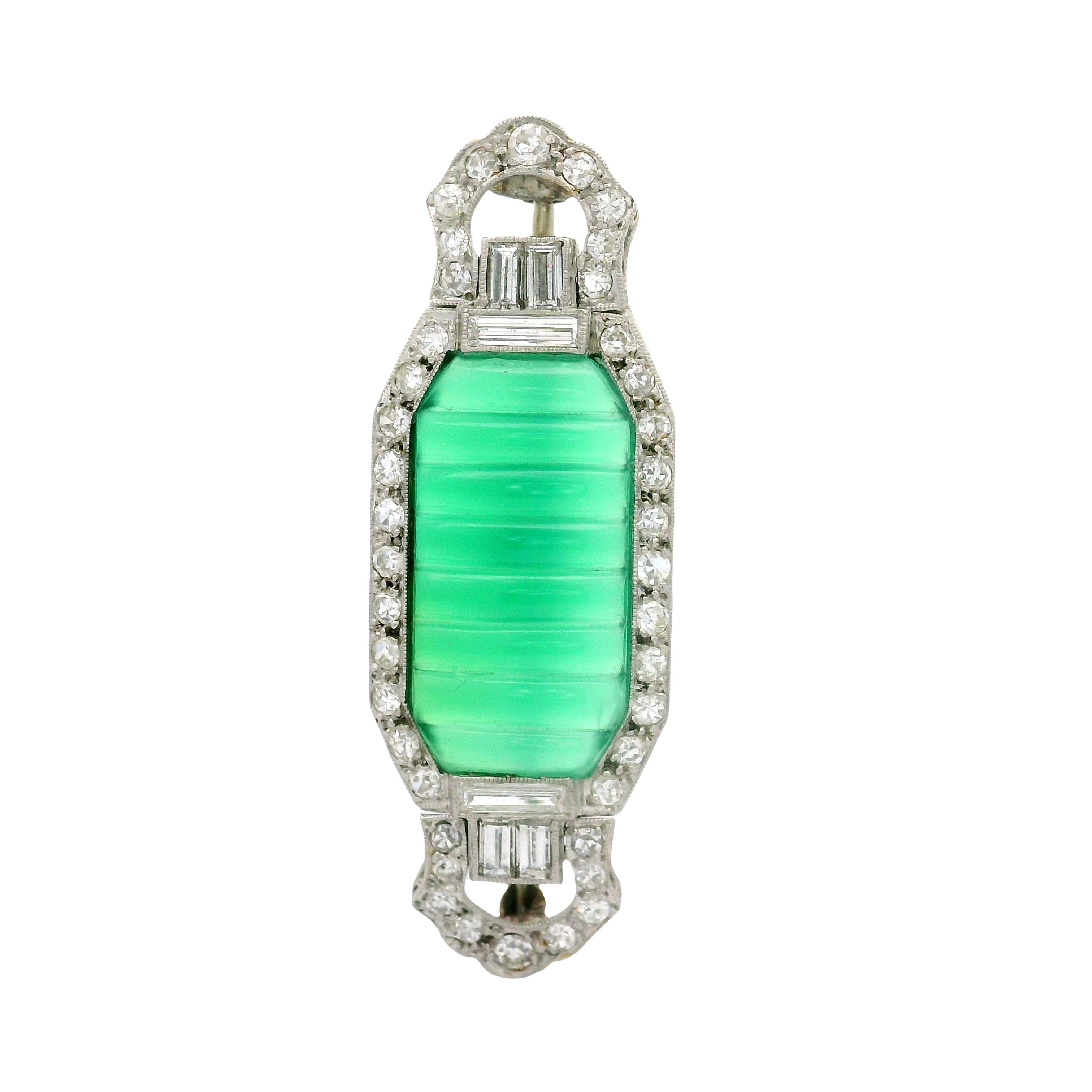 Art Deco Chrysoprase Diamond Platinum Brooch