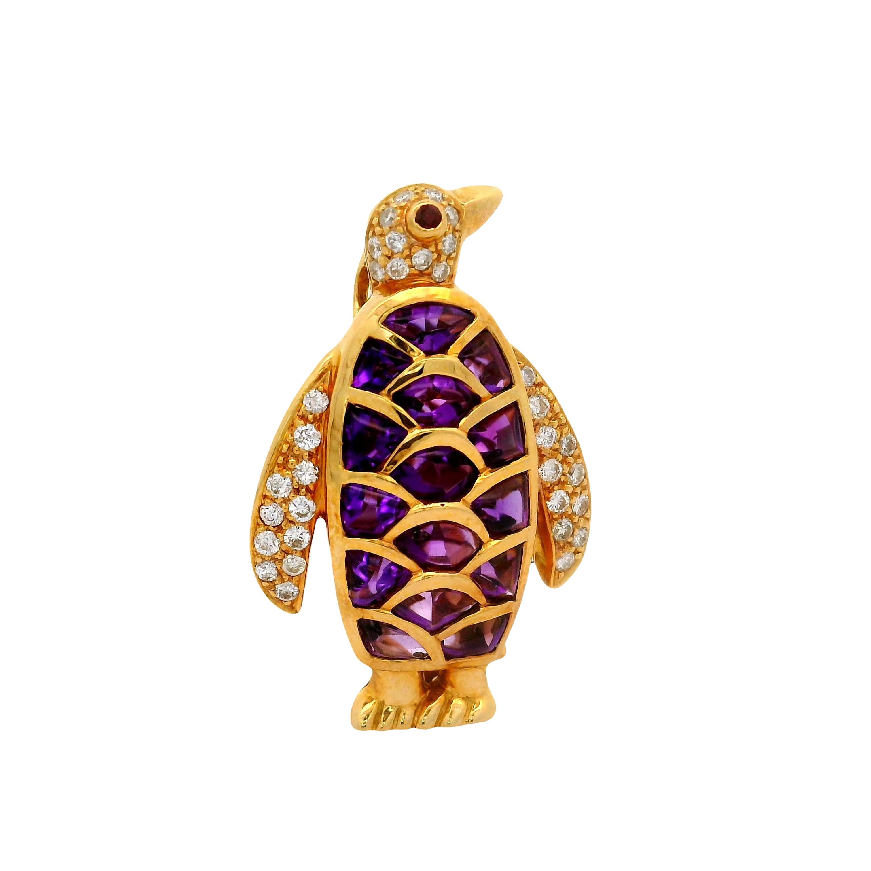 Amethyst Diamond Ruby 18K Yellow Gold Penguin Pendant Brooch