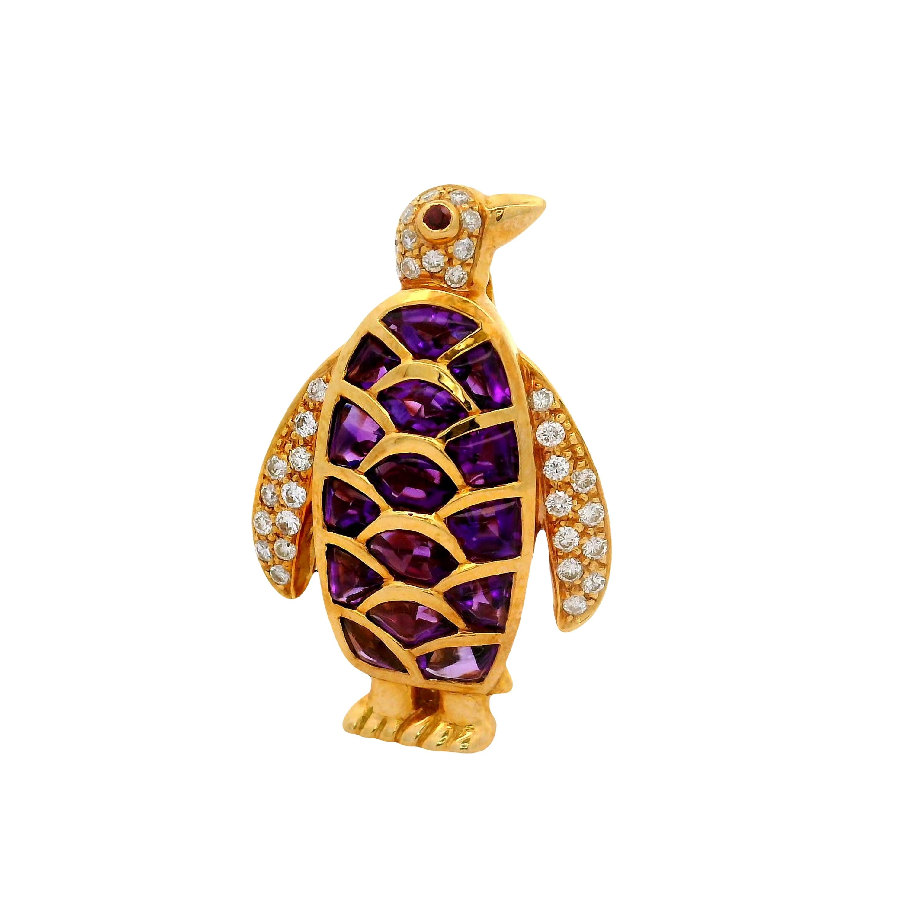 Amethyst Diamond Ruby 18K Yellow Gold Penguin Pendant Brooch