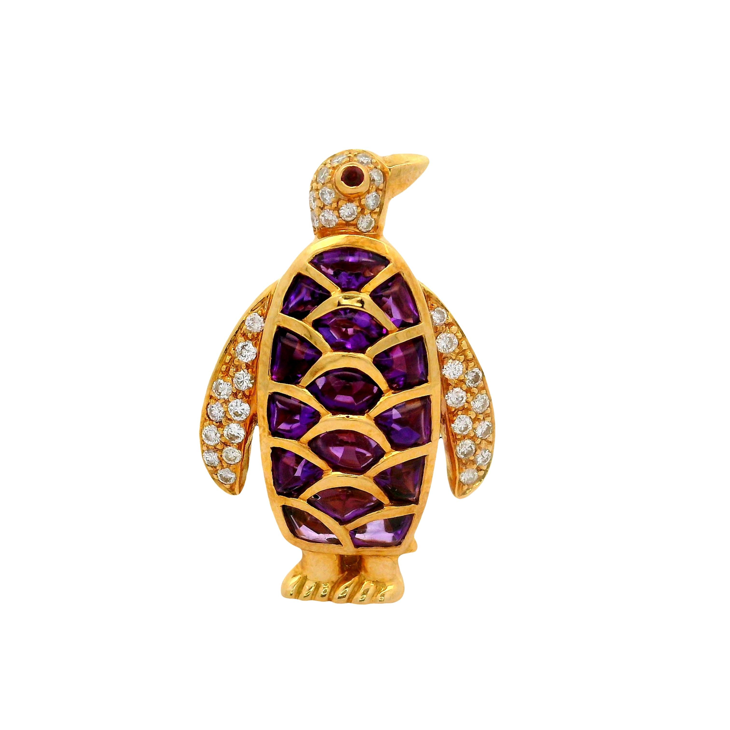 Amethyst Diamond Ruby 18K Yellow Gold Penguin Pendant Brooch