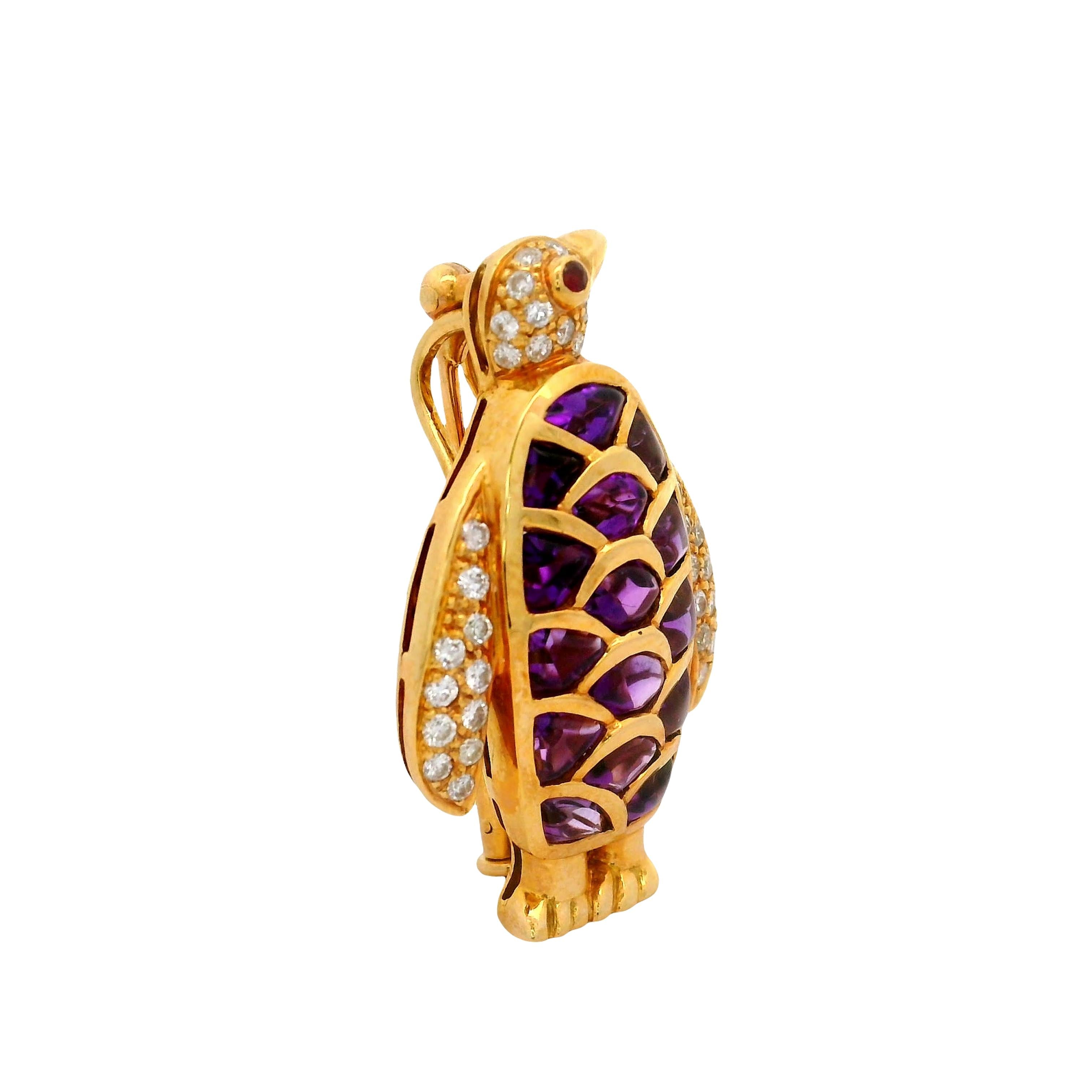 Amethyst Diamond Ruby 18K Yellow Gold Penguin Pendant Brooch