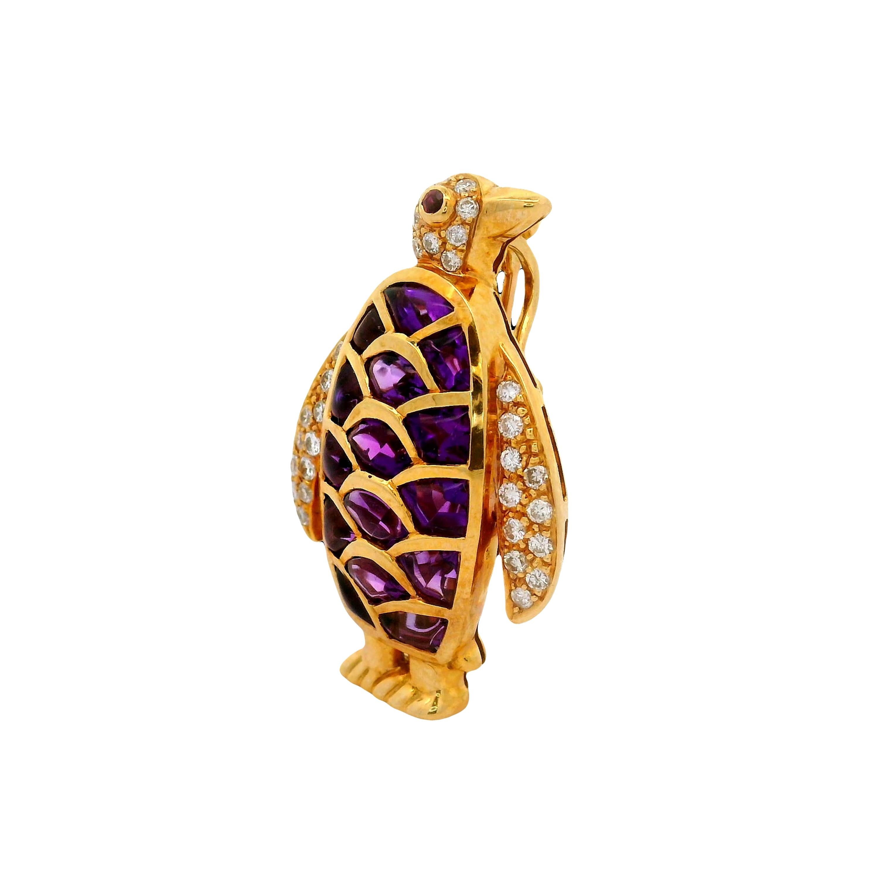 Amethyst Diamond Ruby 18K Yellow Gold Penguin Pendant Brooch