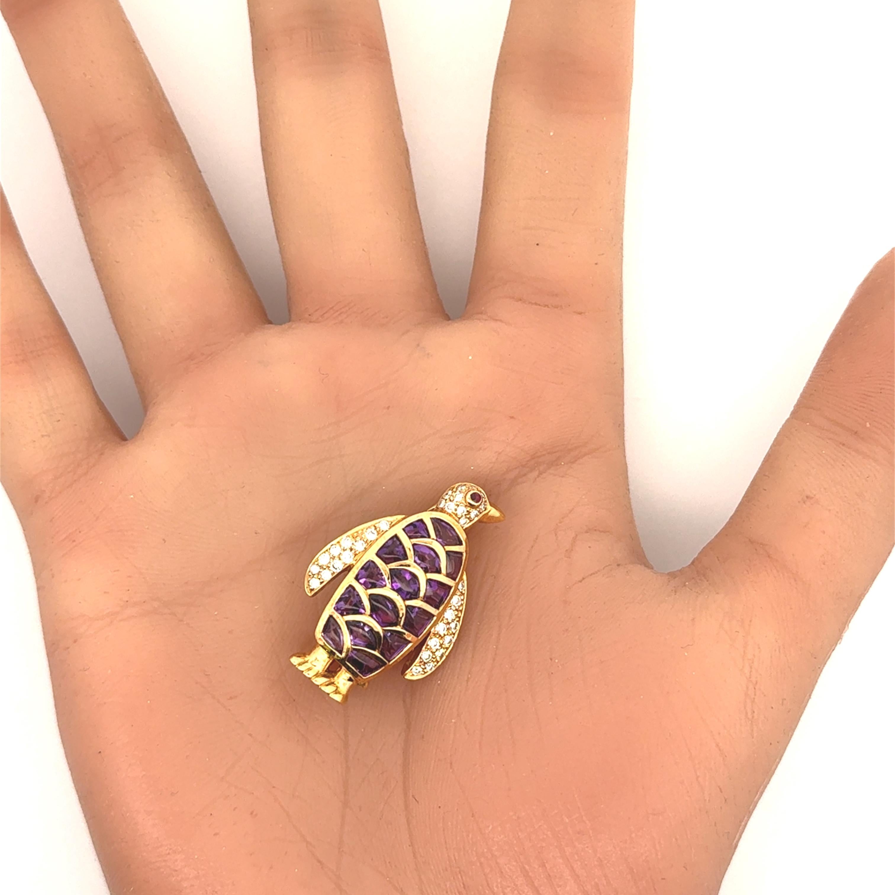 Amethyst Diamond Ruby 18K Yellow Gold Penguin Pendant Brooch