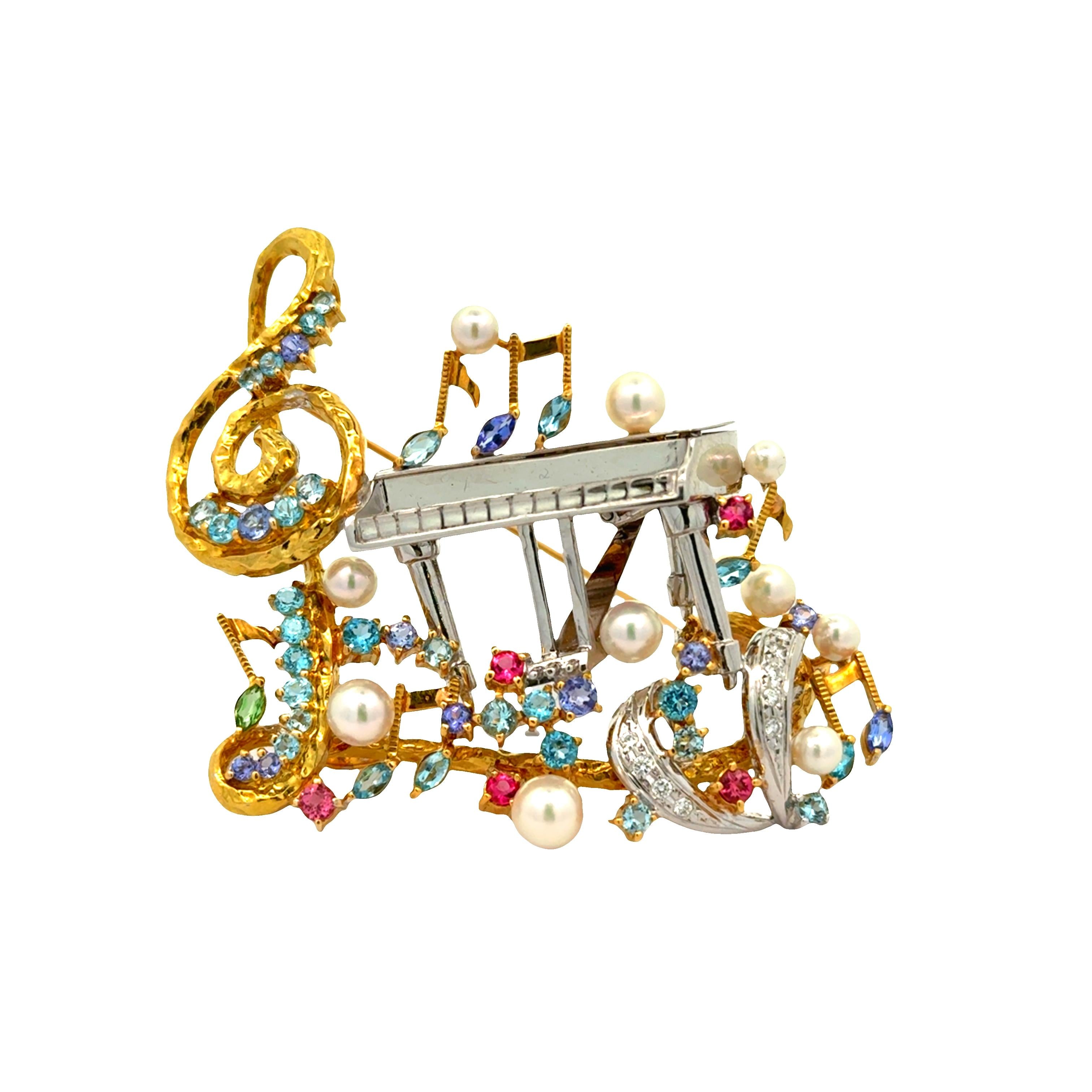 Multi-Colored Gemstones Diamond Pearl Gold Piano Musical Motif Brooch