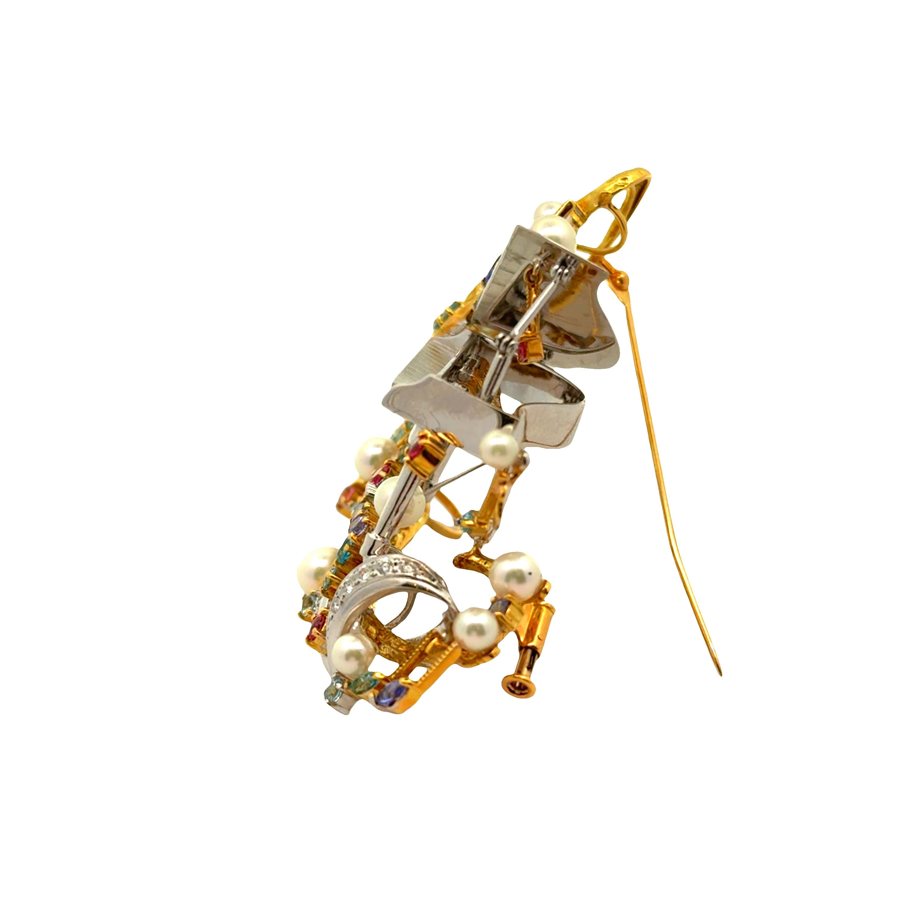Multi-Colored Gemstones Diamond Pearl Gold Piano Musical Motif Brooch