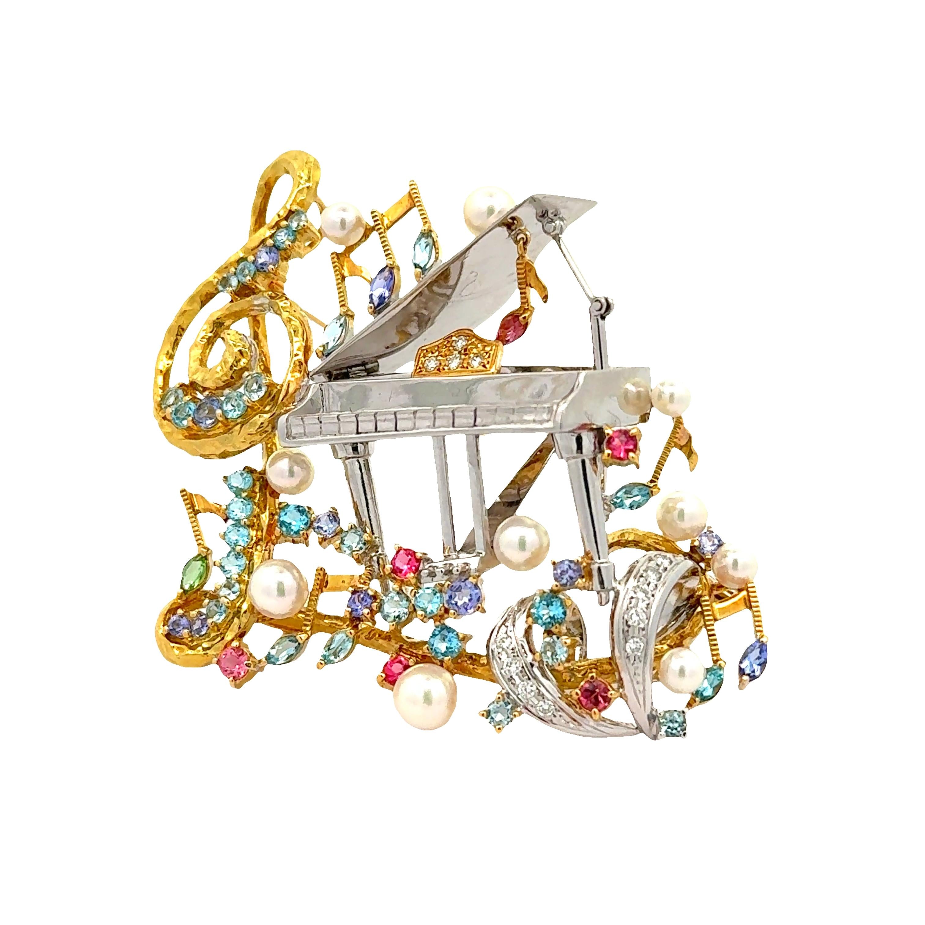 Multi-Colored Gemstones Diamond Pearl Gold Piano Musical Motif Brooch