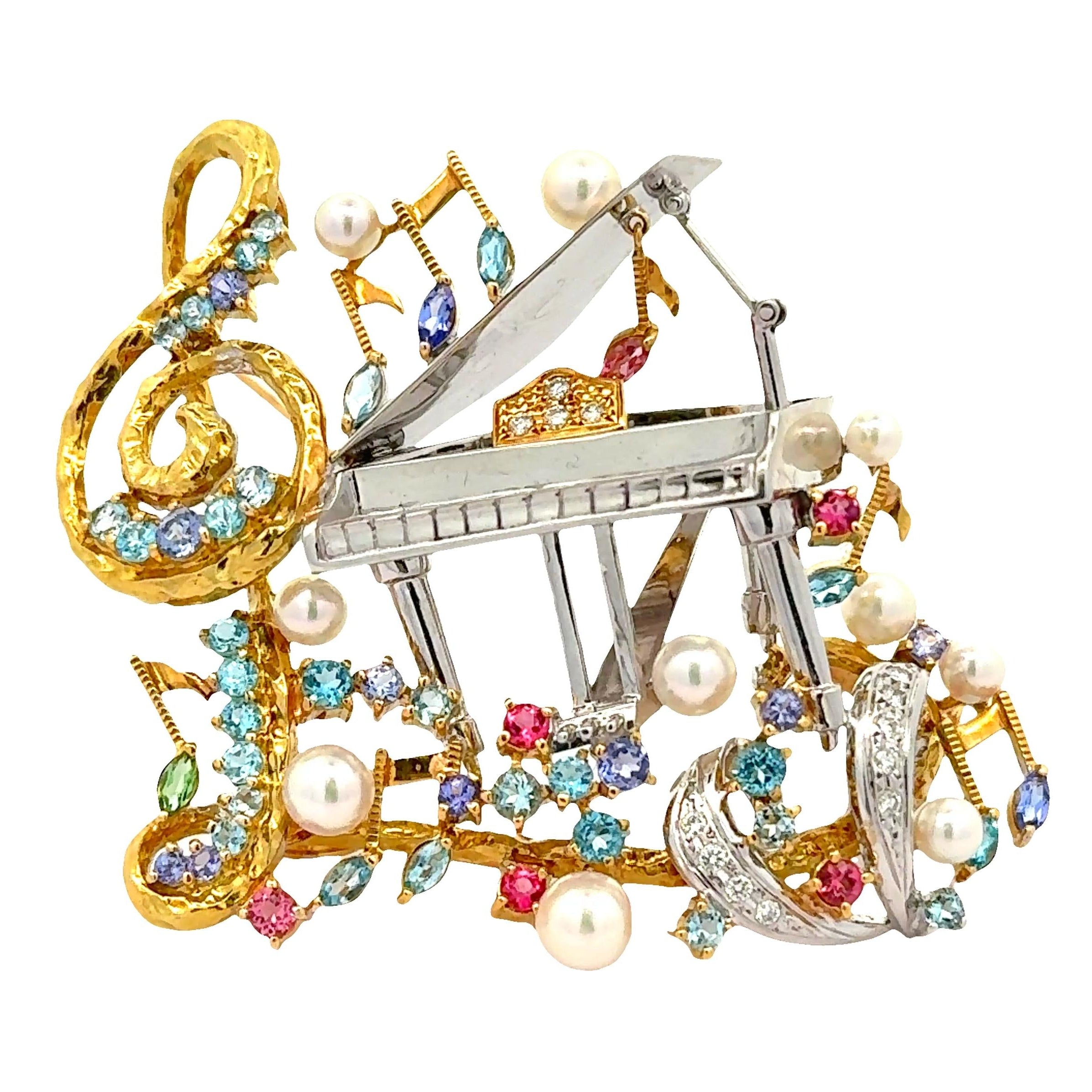 Multi-Colored Gemstones Diamond Pearl Gold Piano Musical Motif Brooch